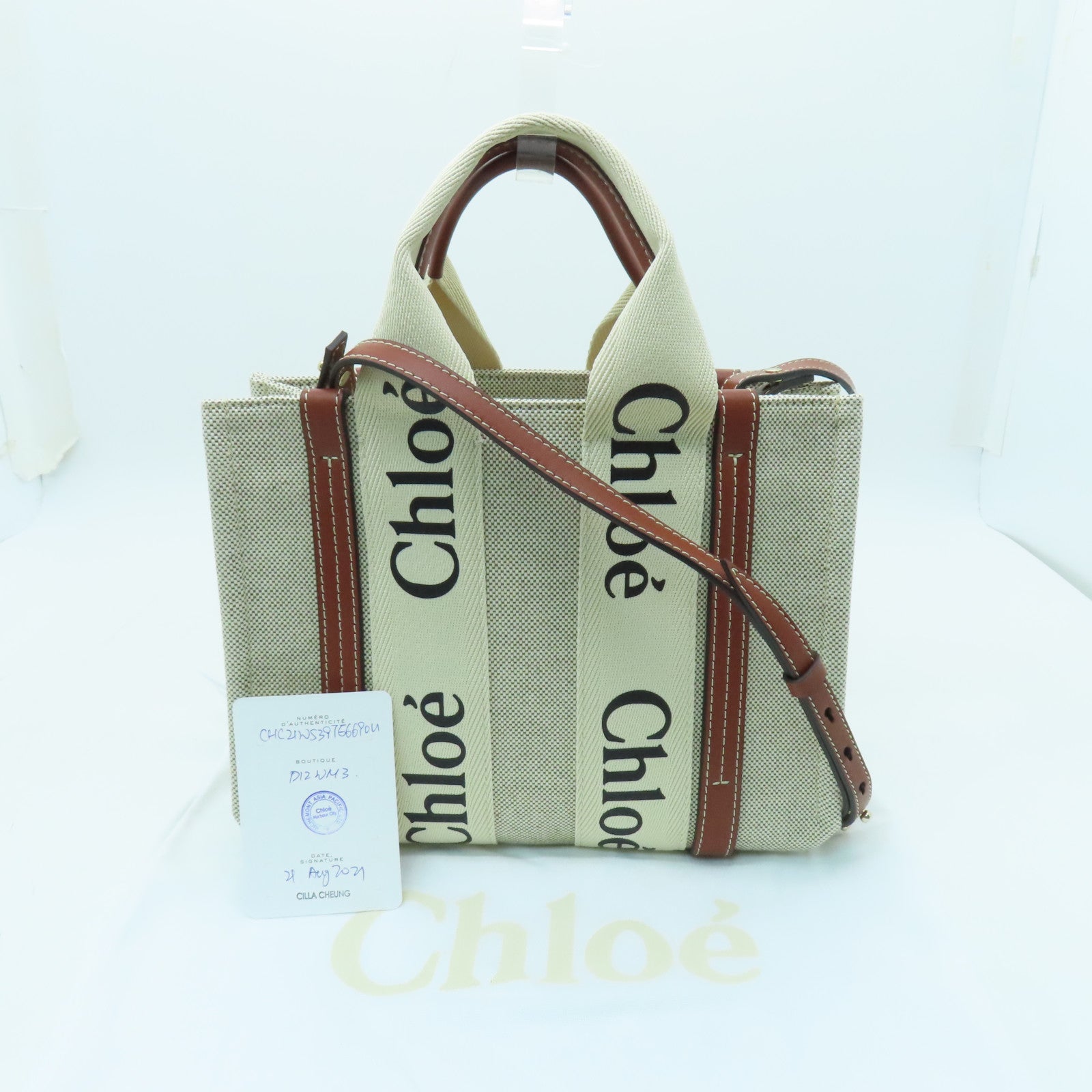 Chloe 帆布Mini Woody Tote Bag銀扣手挽肩背兩用袋白色/啡色