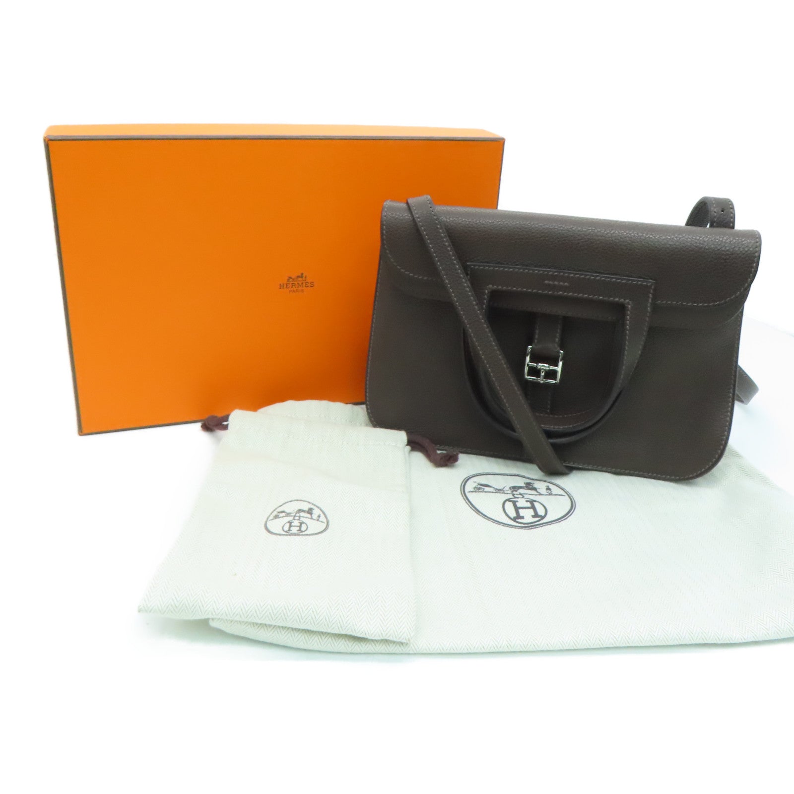 HERMES Clemence皮革Halzan 25銀扣肩背袋Ebene/啡色
