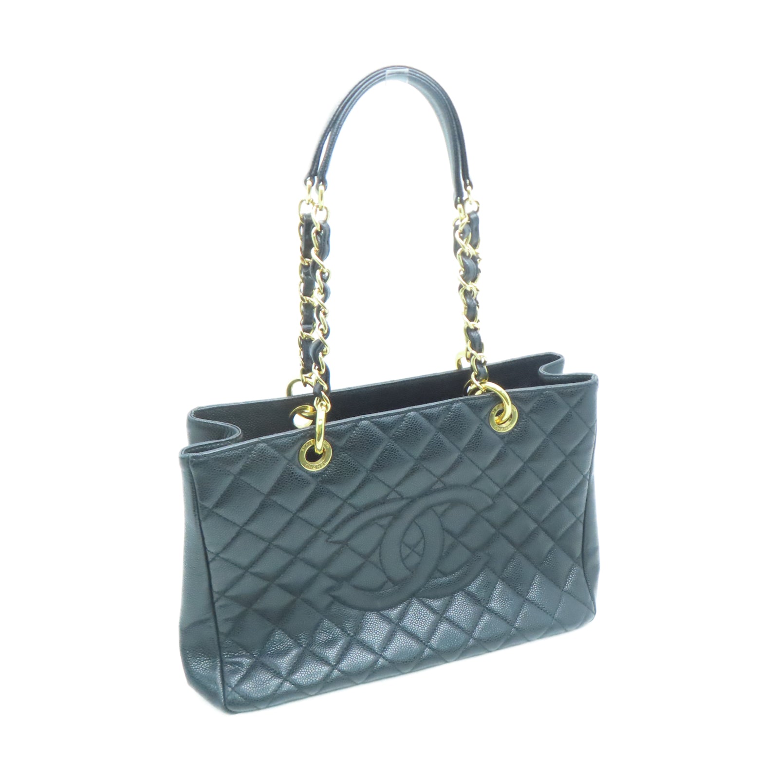 CHANEL 菱格Caviar皮革GST金扣链带肩背袋黑色