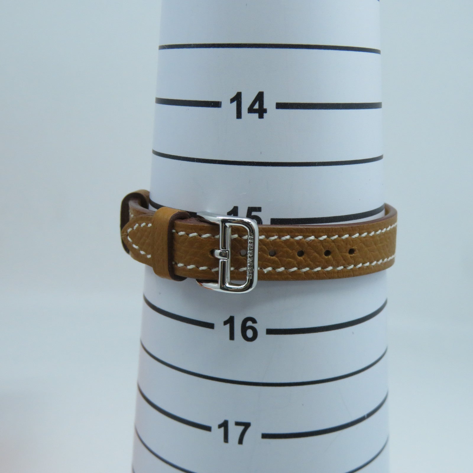HERMES H watch 21mm不鏽鋼Epsom皮革帶手錶石英機芯白色/Gold經典駝色