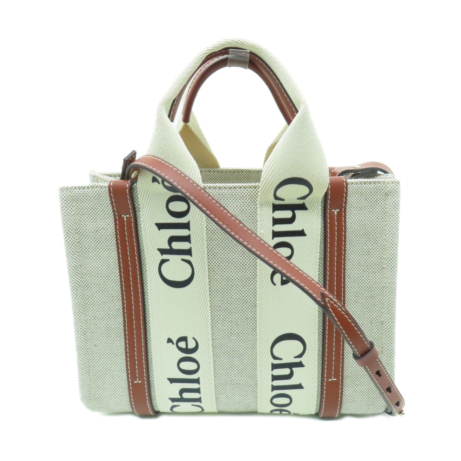 Chloe 帆布Mini Woody Tote Bag銀扣手挽肩背兩用袋白色/啡色