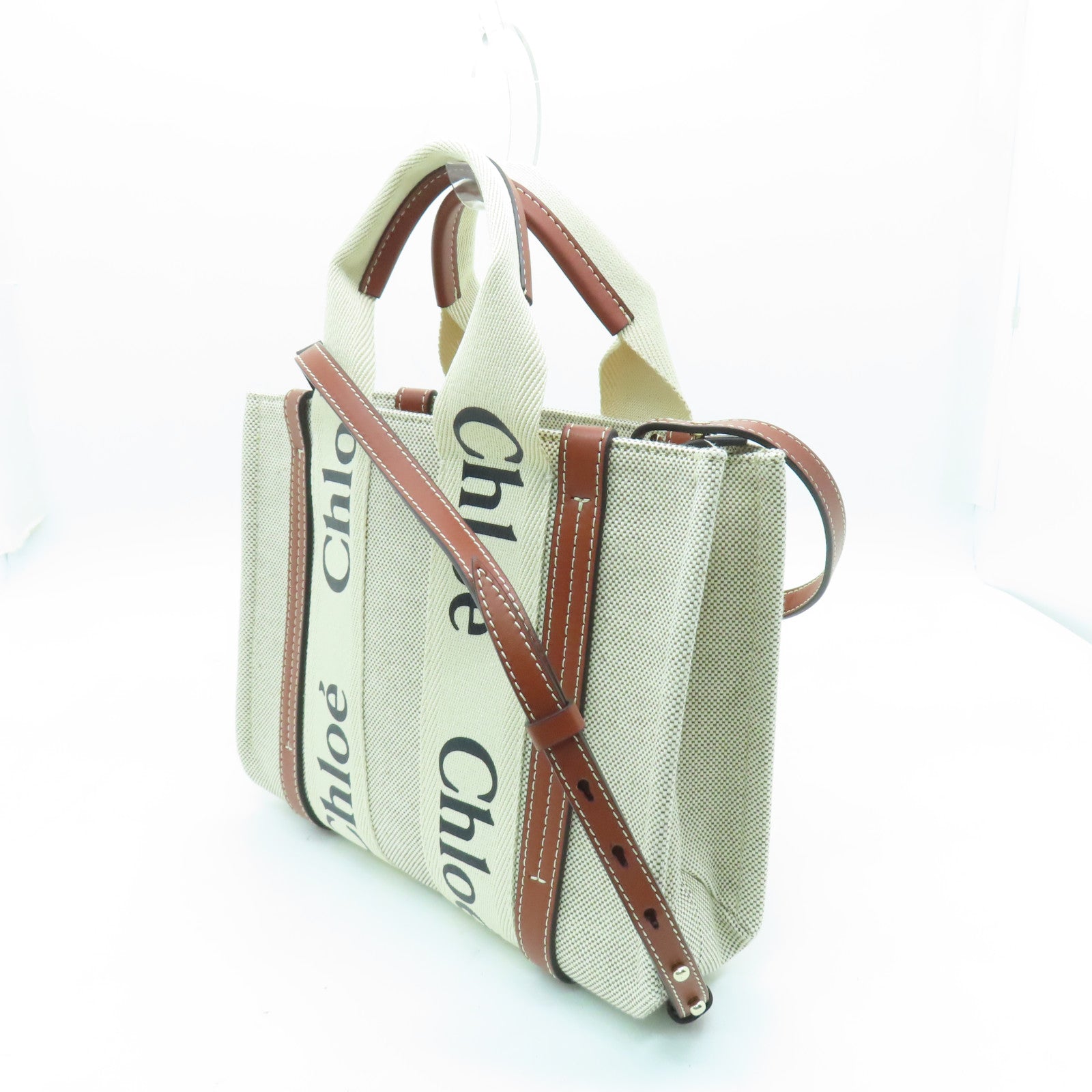 Chloe 帆布Mini Woody Tote Bag銀扣手挽肩背兩用袋白色/啡色