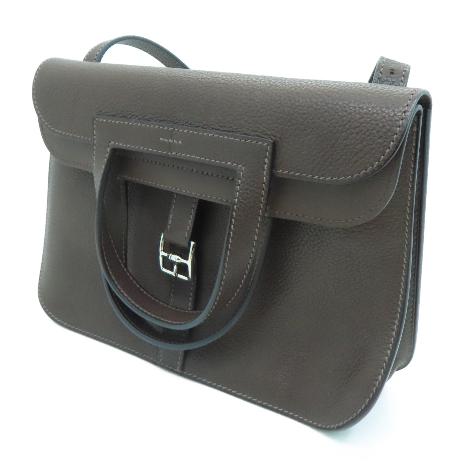 HERMES Clemence皮革Halzan 25銀扣肩背袋Ebene/啡色