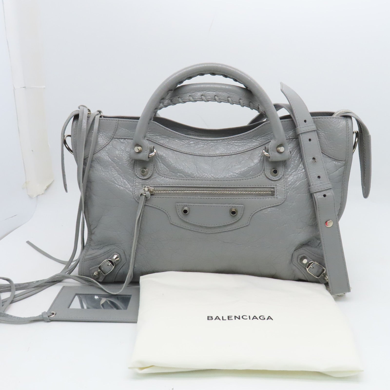 BALENCIAGA Goatskin Leather City Silver Buckle Handle Shoulder Bag Gray