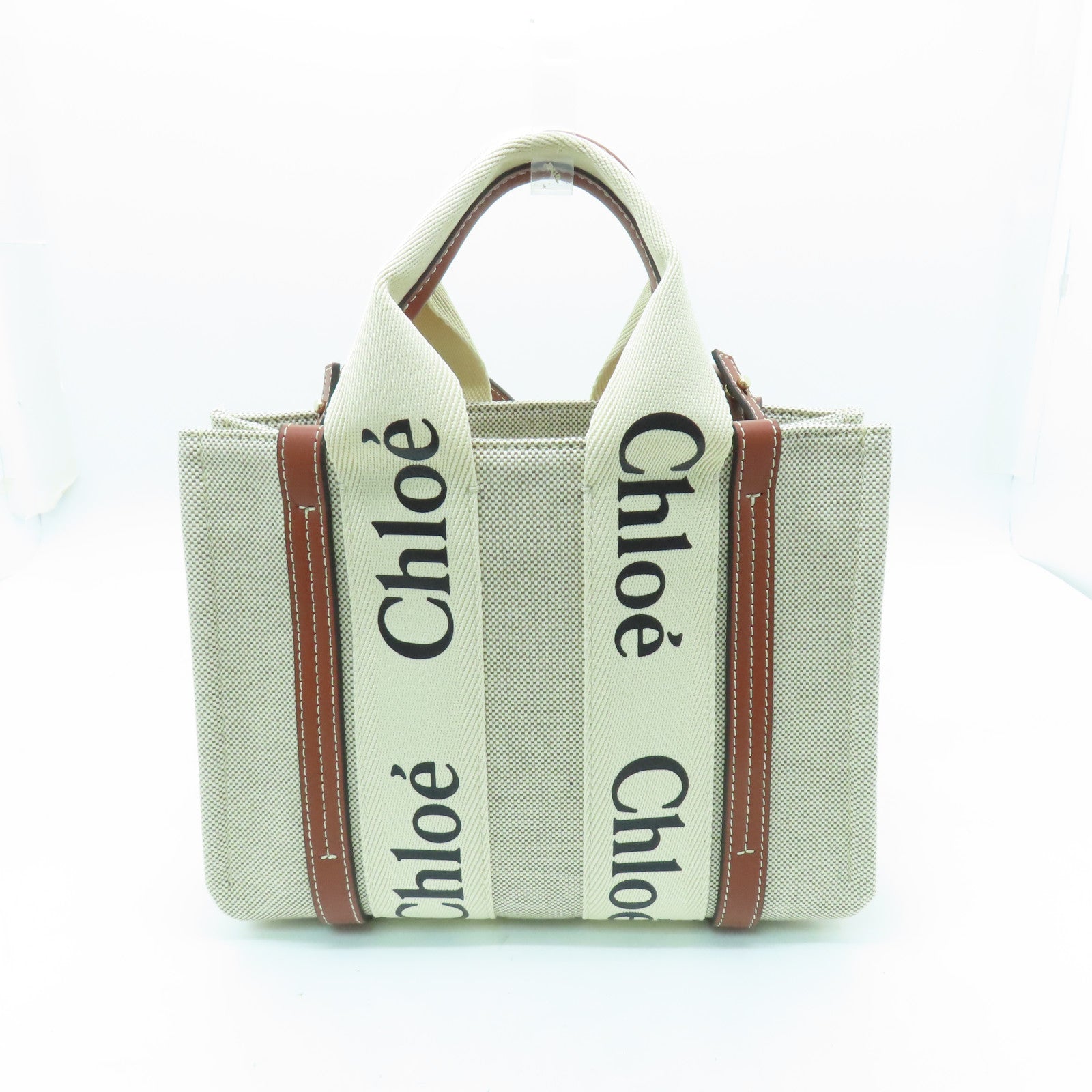 Chloe 帆布Mini Woody Tote Bag銀扣手挽肩背兩用袋白色/啡色