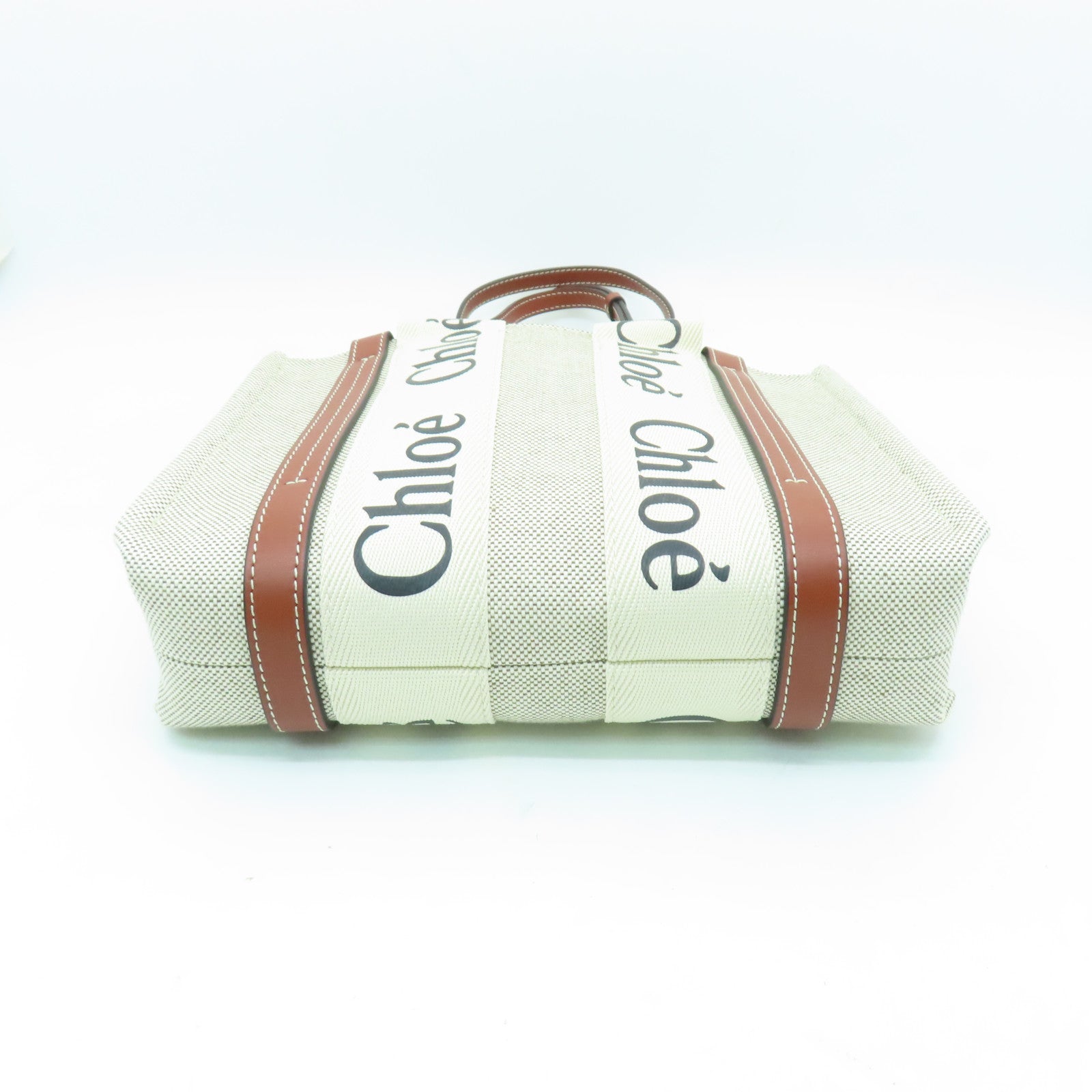 Chloe 帆布Mini Woody Tote Bag銀扣手挽肩背兩用袋白色/啡色