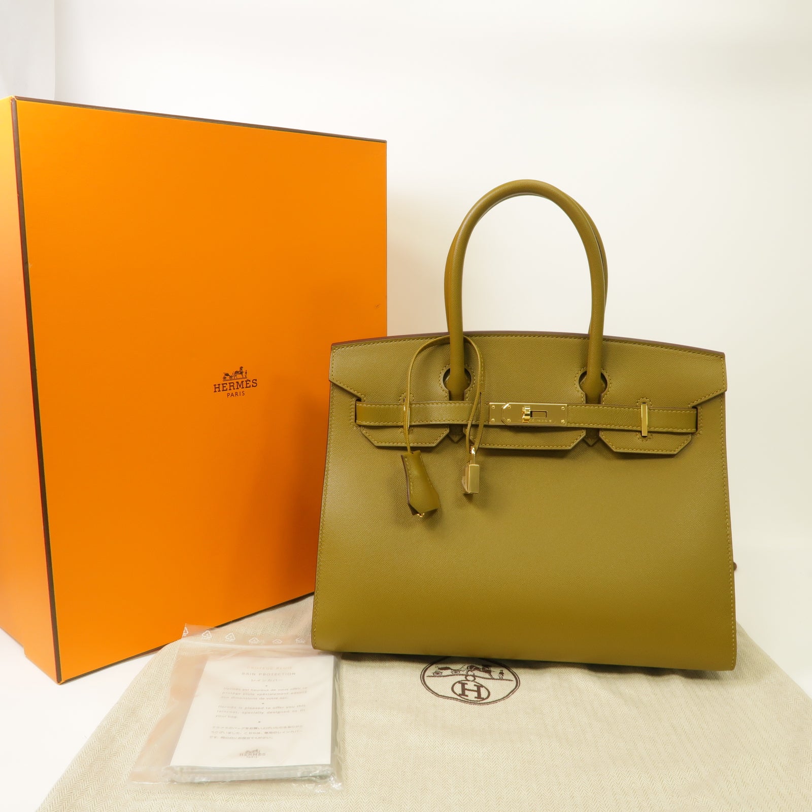 HERMES Madame皮革Birkin 30金扣手挽袋芥末色