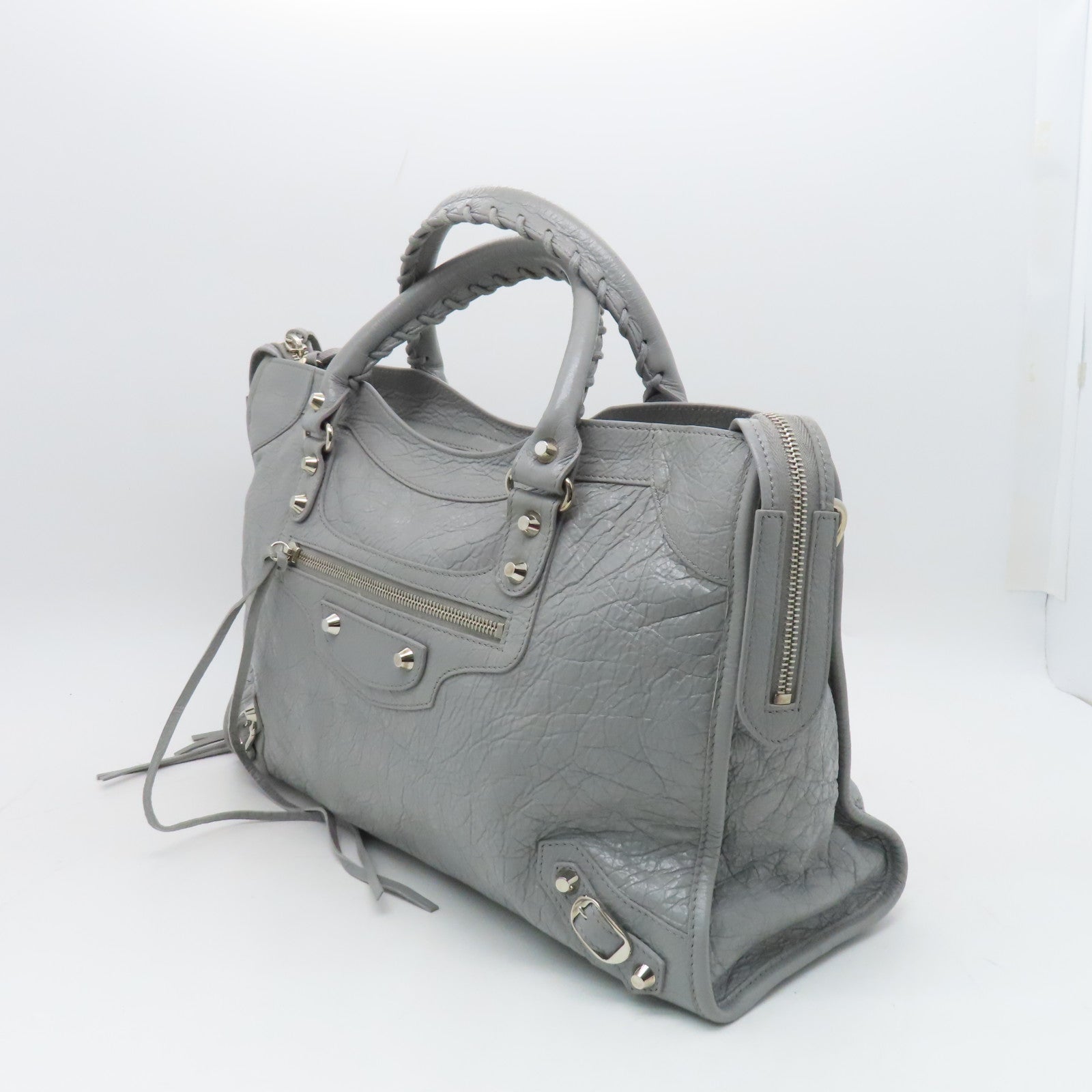 BALENCIAGA Goatskin Leather City Silver Buckle Handle Shoulder Bag Gray