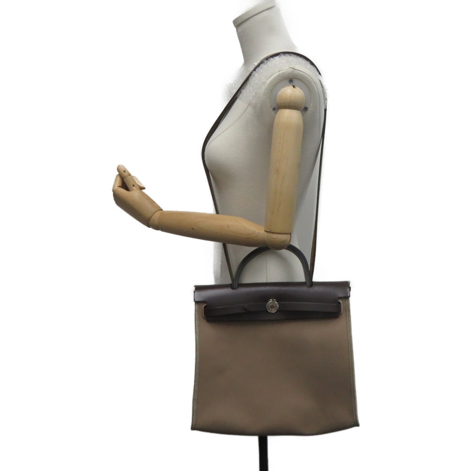 HERMES 【激减优惠】帆布Herbag PM银扣肩背袋Etoupe米色