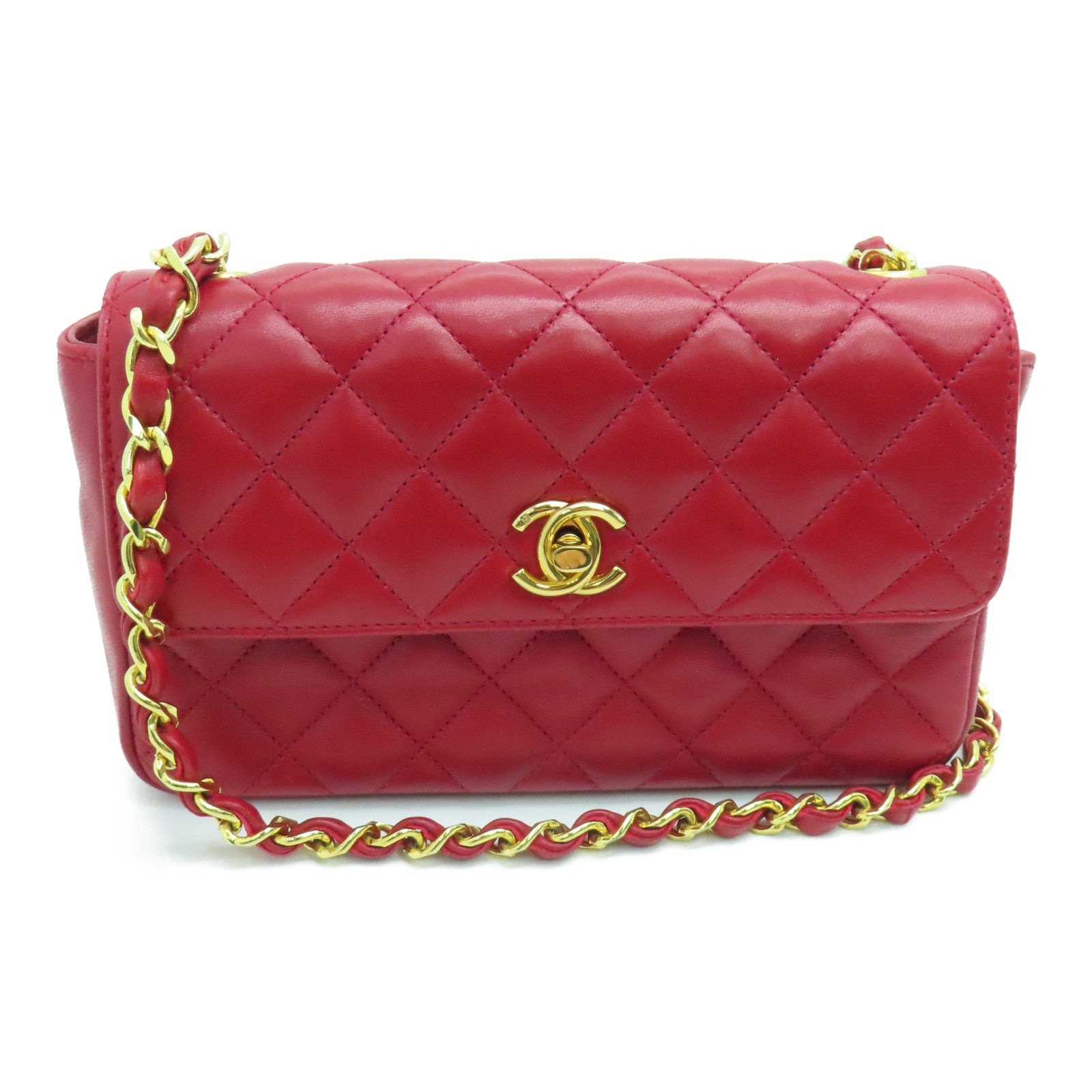 CHANEL 菱格羊皮皮革Chain Shoulder金扣鏈帶肩背袋紅色