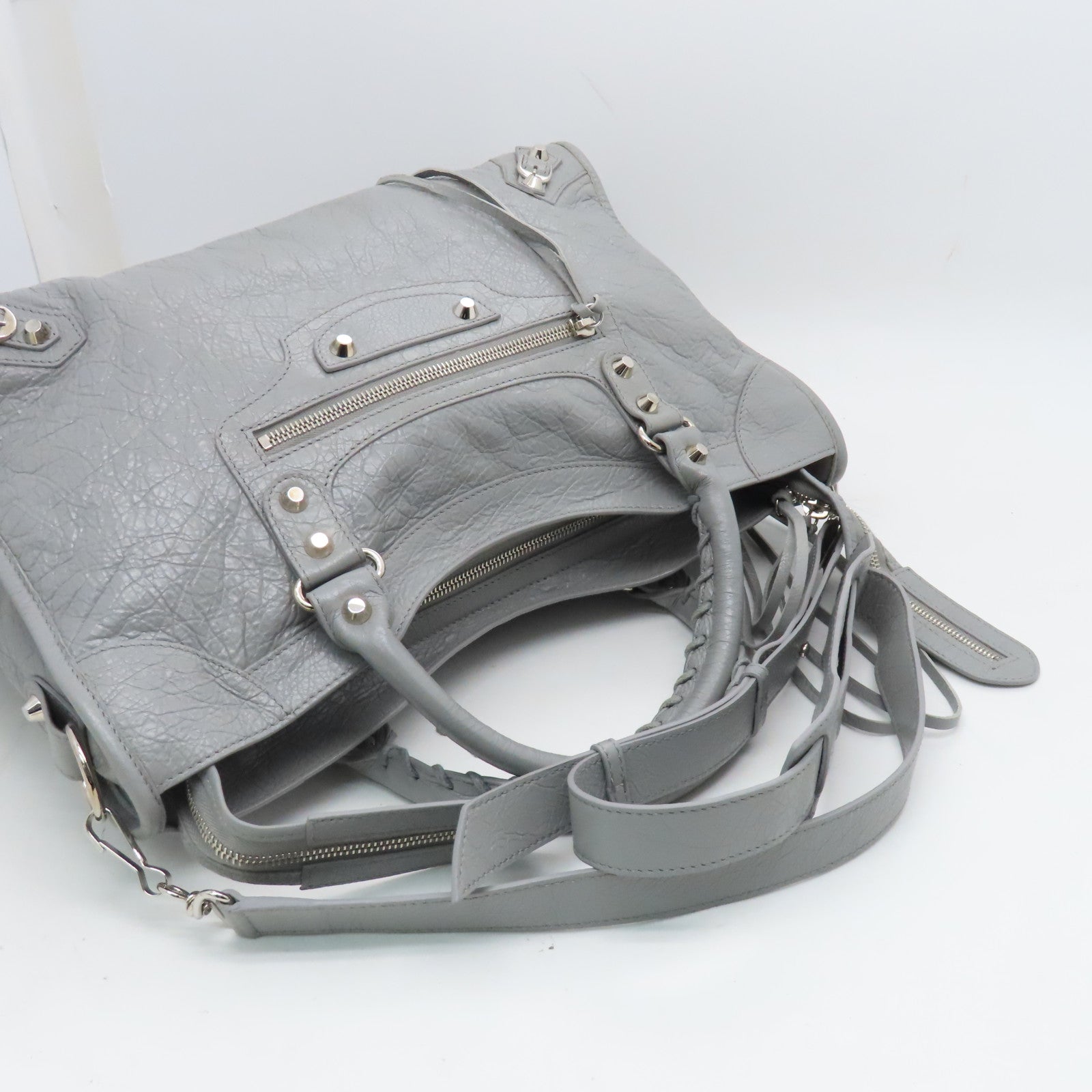 BALENCIAGA Goatskin Leather City Silver Buckle Handle Shoulder Bag Gray