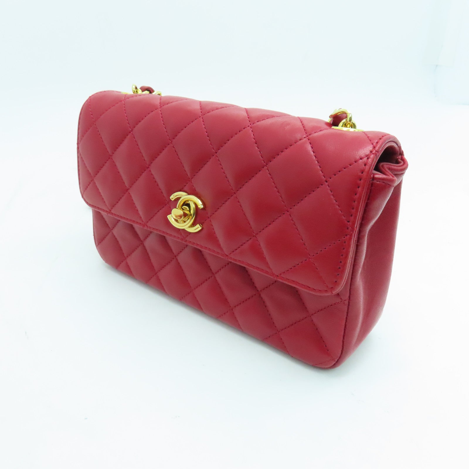 CHANEL 菱格羊皮皮革Chain Shoulder金扣鏈帶肩背袋紅色