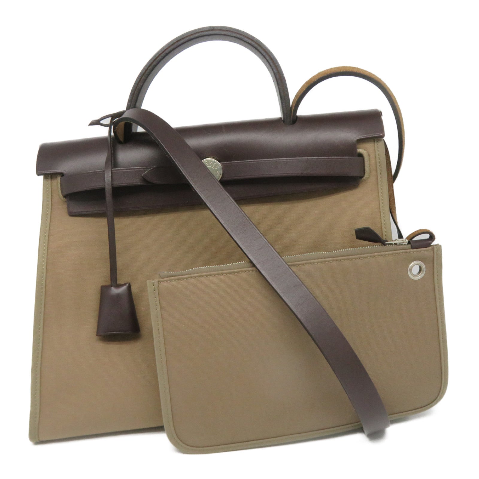 HERMES 【激减优惠】帆布Herbag PM银扣肩背袋Etoupe米色