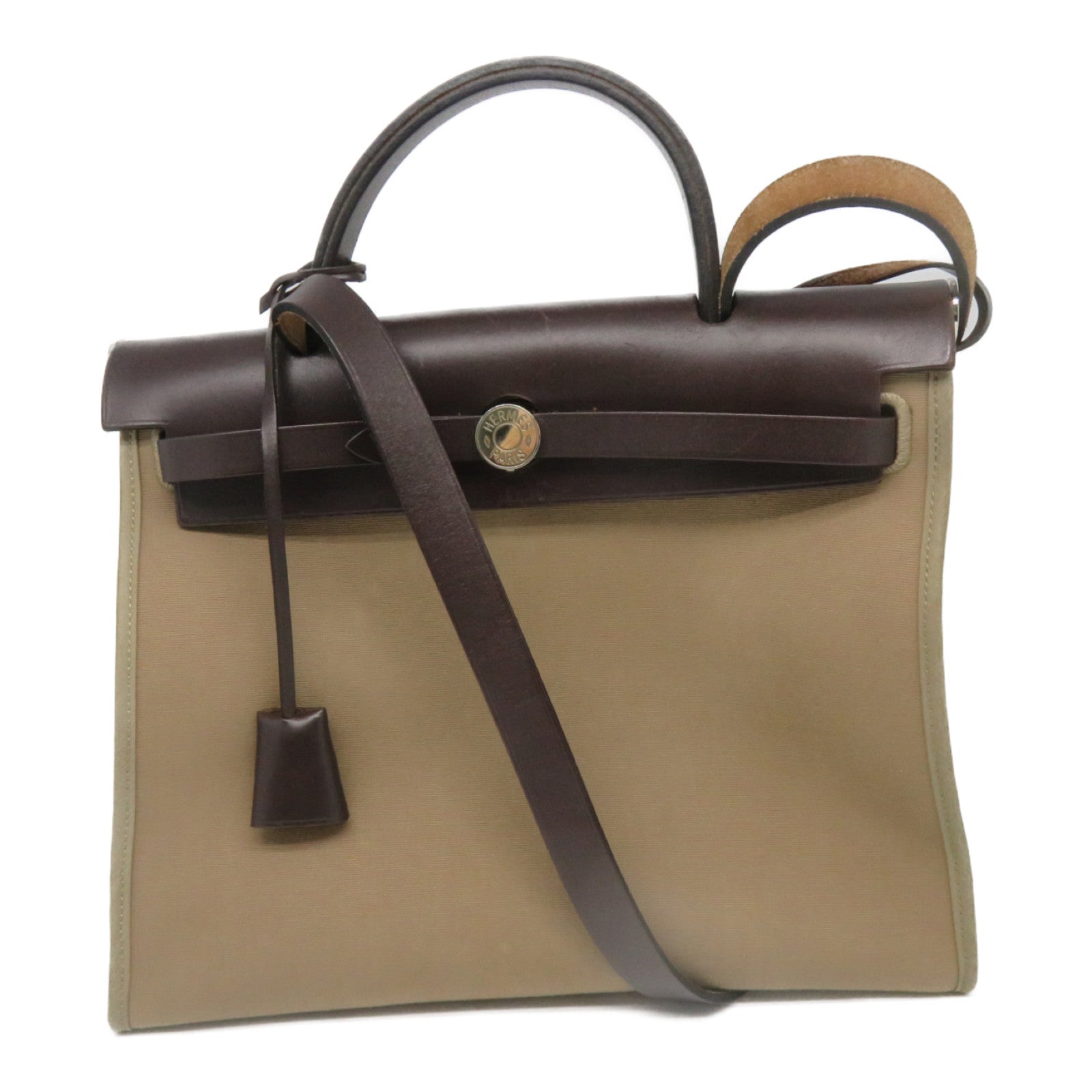HERMES 【激减优惠】帆布Herbag PM银扣肩背袋Etoupe米色
