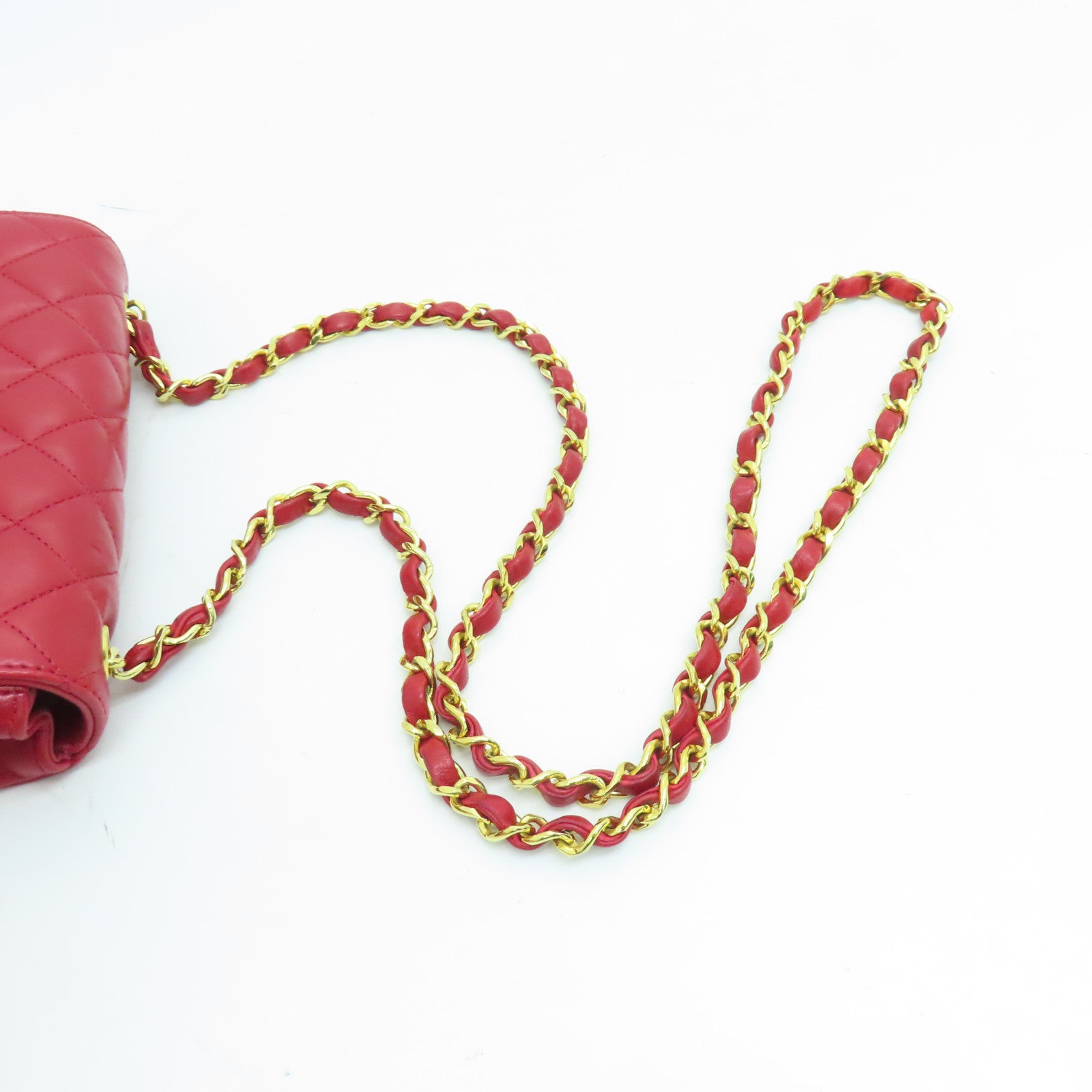 CHANEL 菱格羊皮皮革Chain Shoulder金扣鏈帶肩背袋紅色