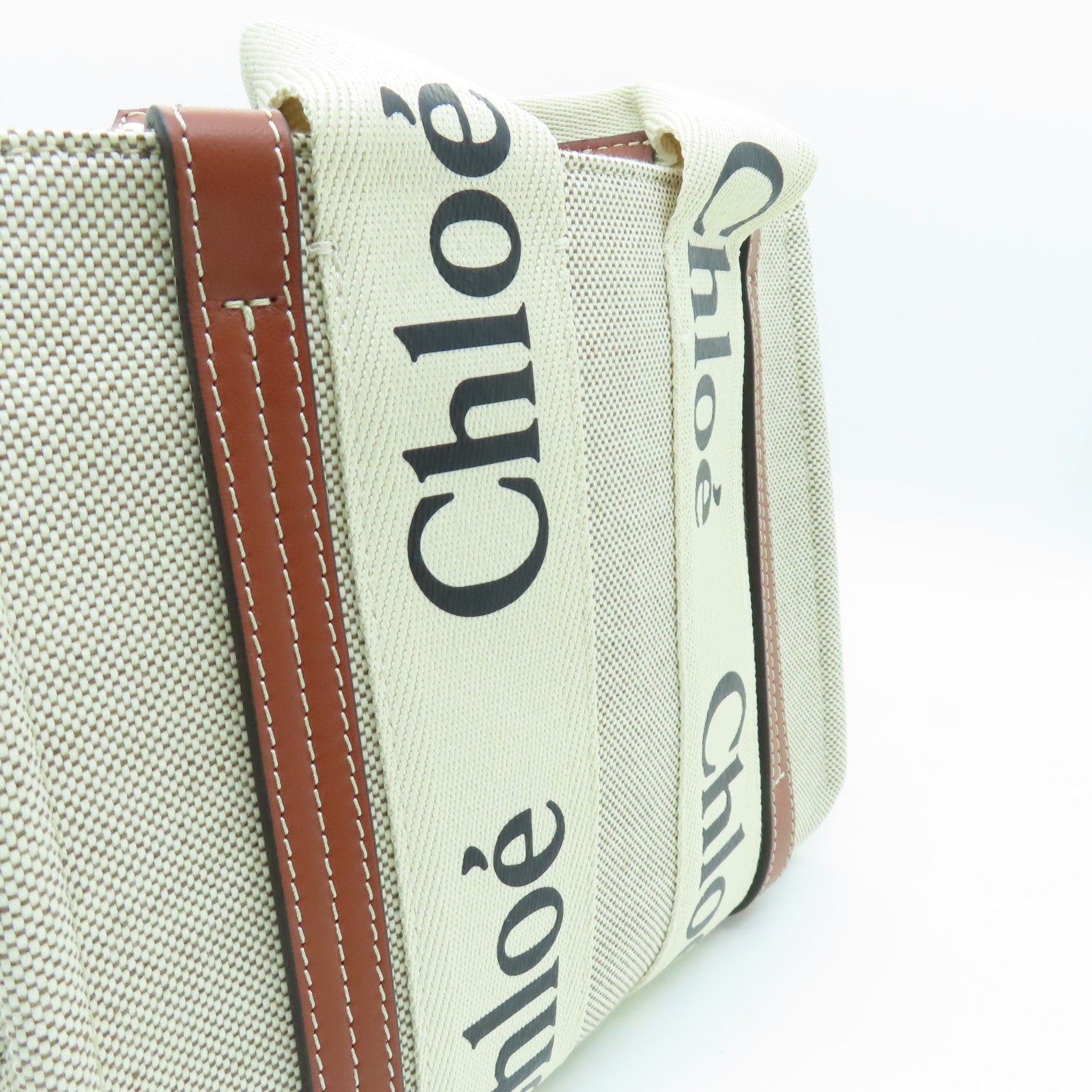 Chloe 帆布Mini Woody Tote Bag銀扣手挽肩背兩用袋白色/啡色