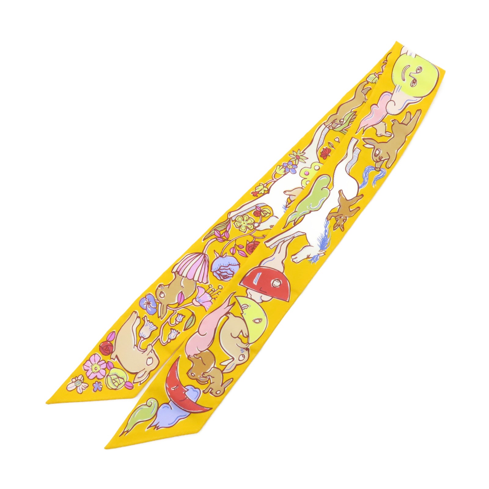 HERMES 絲質Twilly絲巾黃色/白色