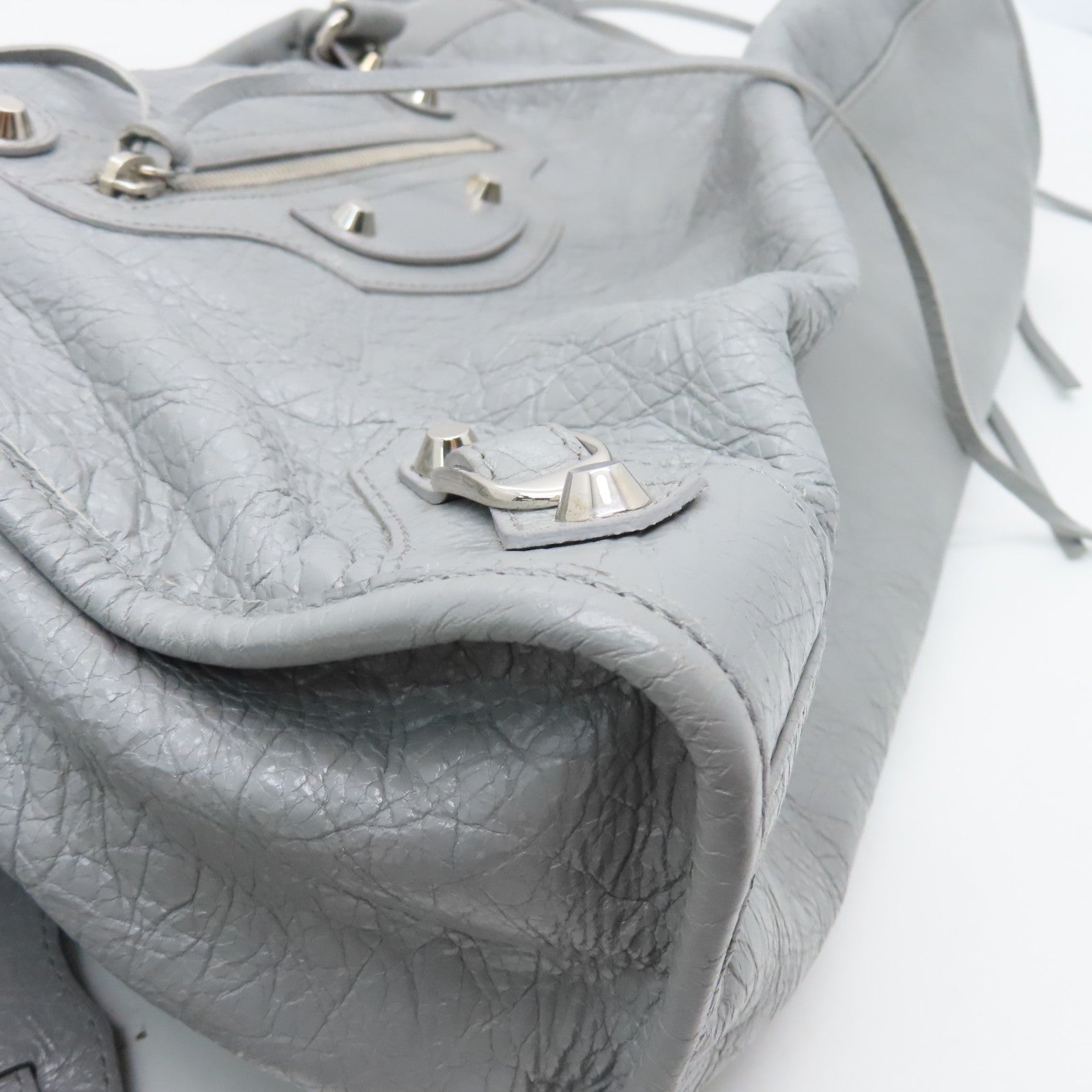 BALENCIAGA Goatskin Leather City Silver Buckle Handle Shoulder Bag Gray