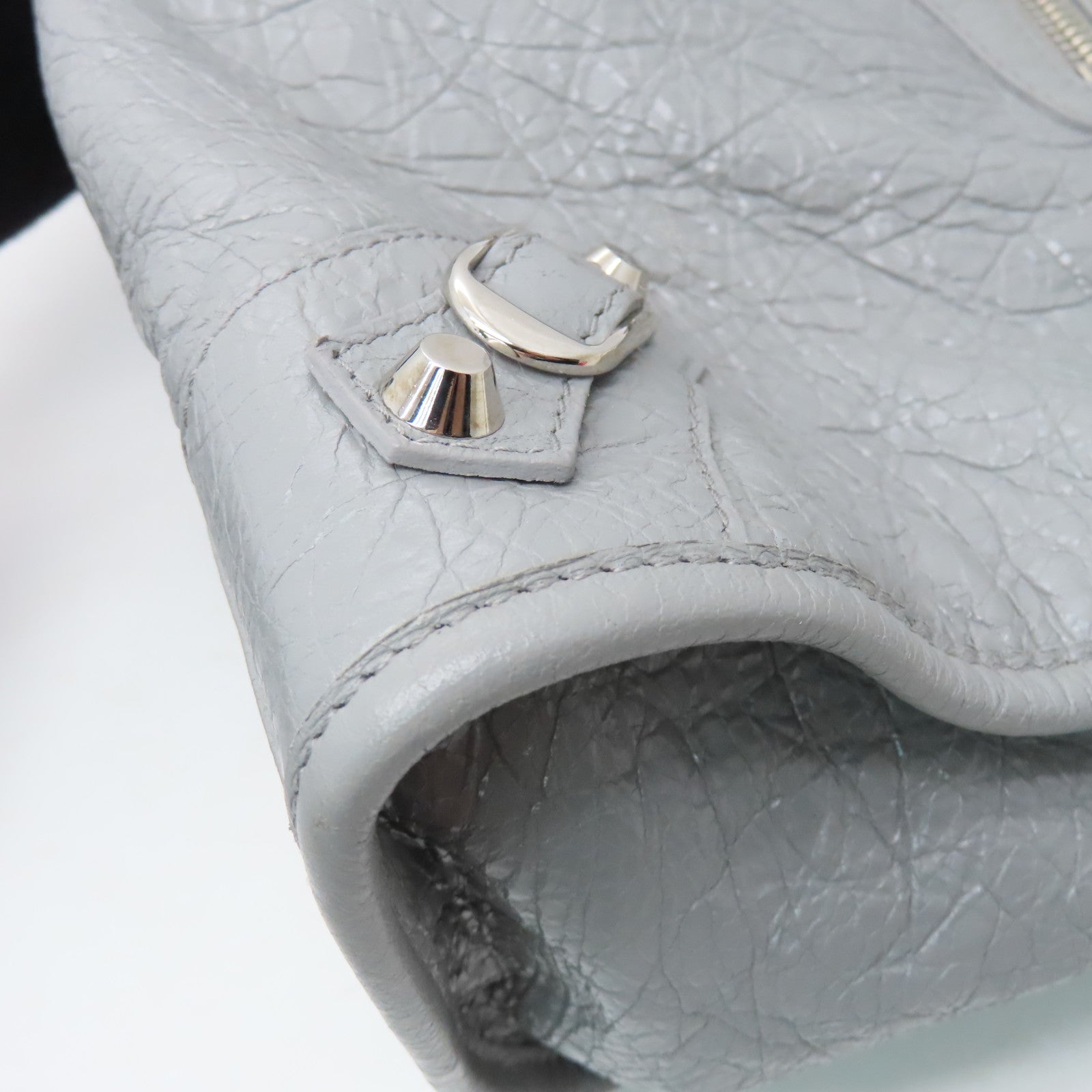 BALENCIAGA Goatskin Leather City Silver Buckle Handle Shoulder Bag Gray