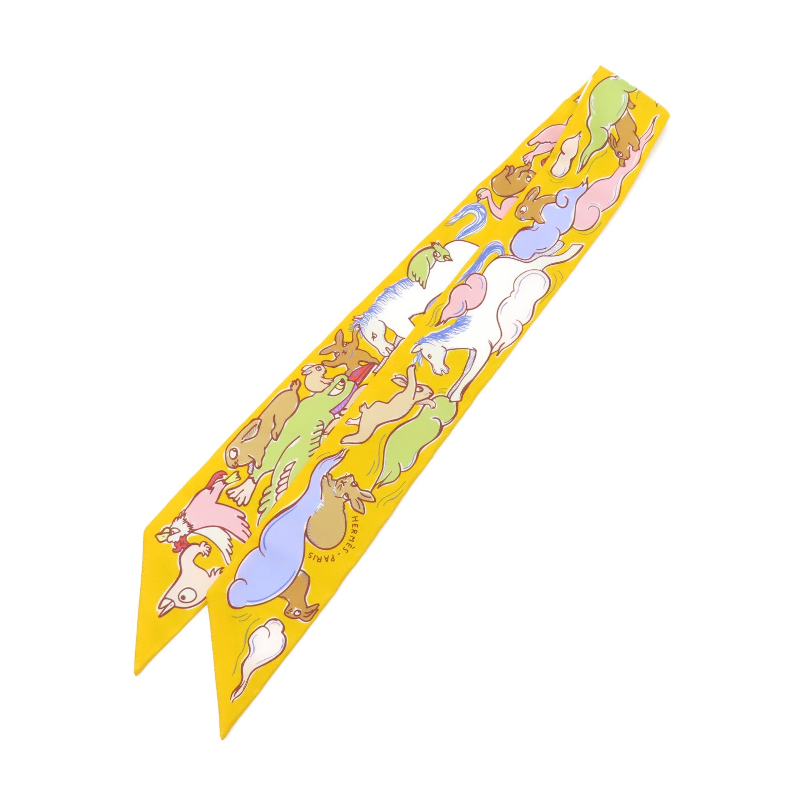 HERMES 絲質Twilly絲巾黃色/白色