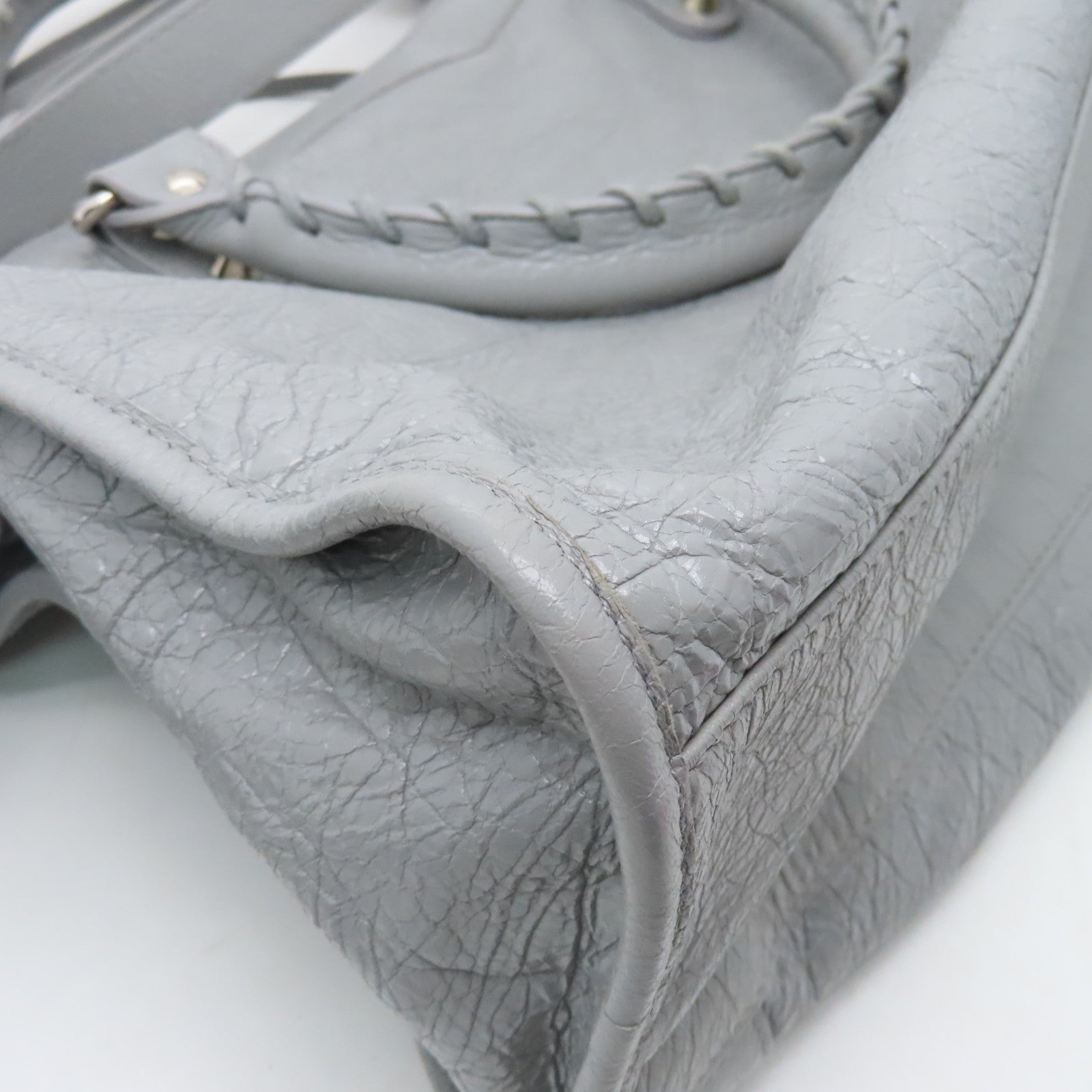 BALENCIAGA Goatskin Leather City Silver Buckle Handle Shoulder Bag Gray