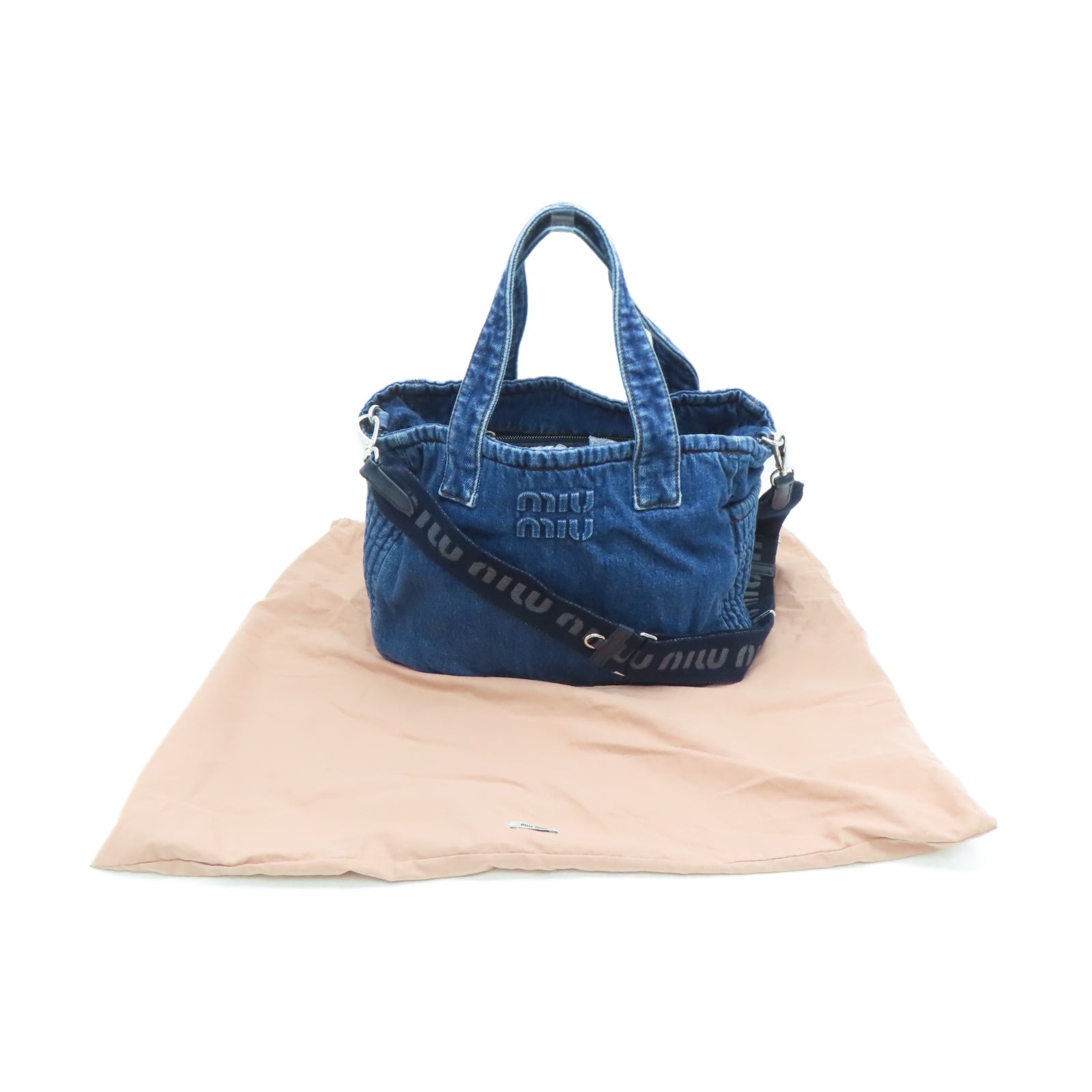 Miu Miu Canvas 2 Way Shoulder Silver Buckle Handle Shoulder Backpack Blue