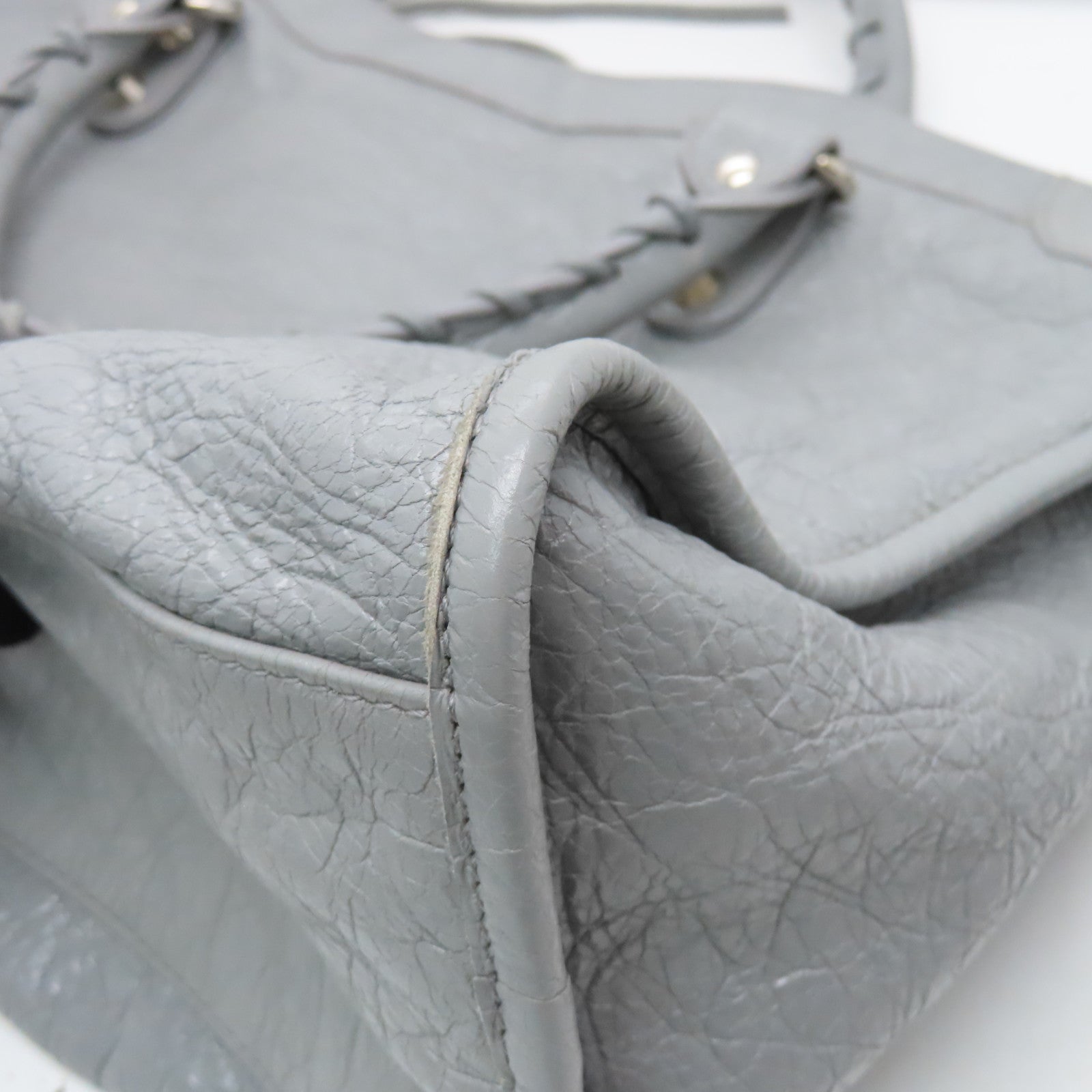 BALENCIAGA Goatskin Leather City Silver Buckle Handle Shoulder Bag Gray