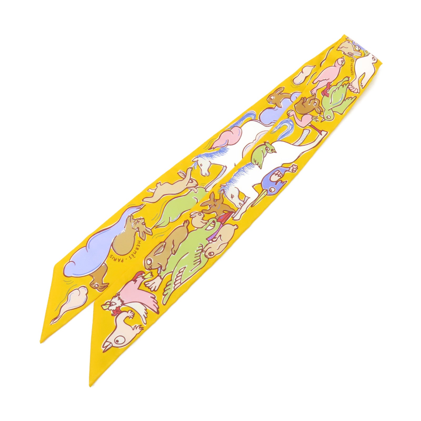 HERMES 絲質Twilly絲巾黃色/白色