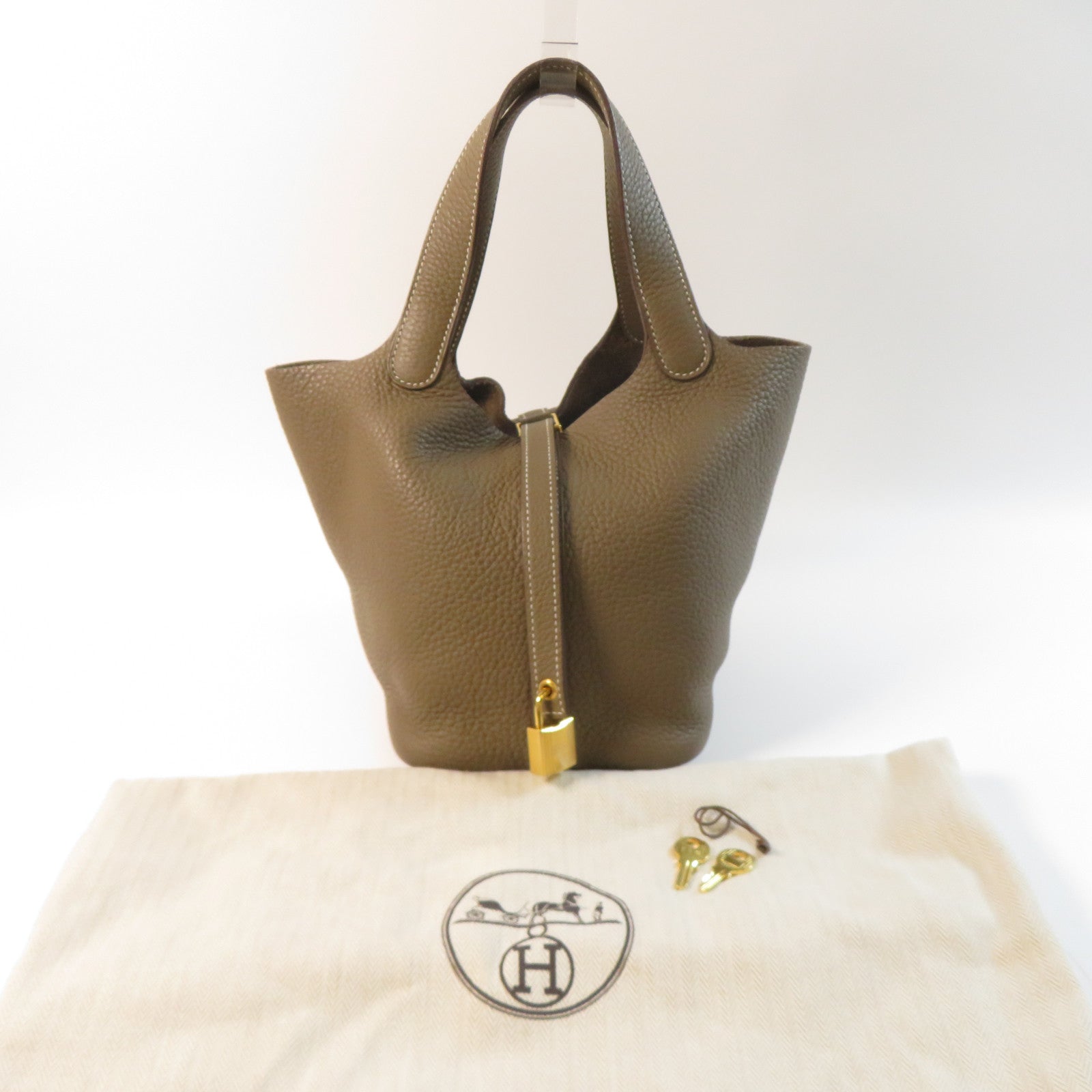 HERMES Clemence皮革Picotin PM金扣手挽袋灰色