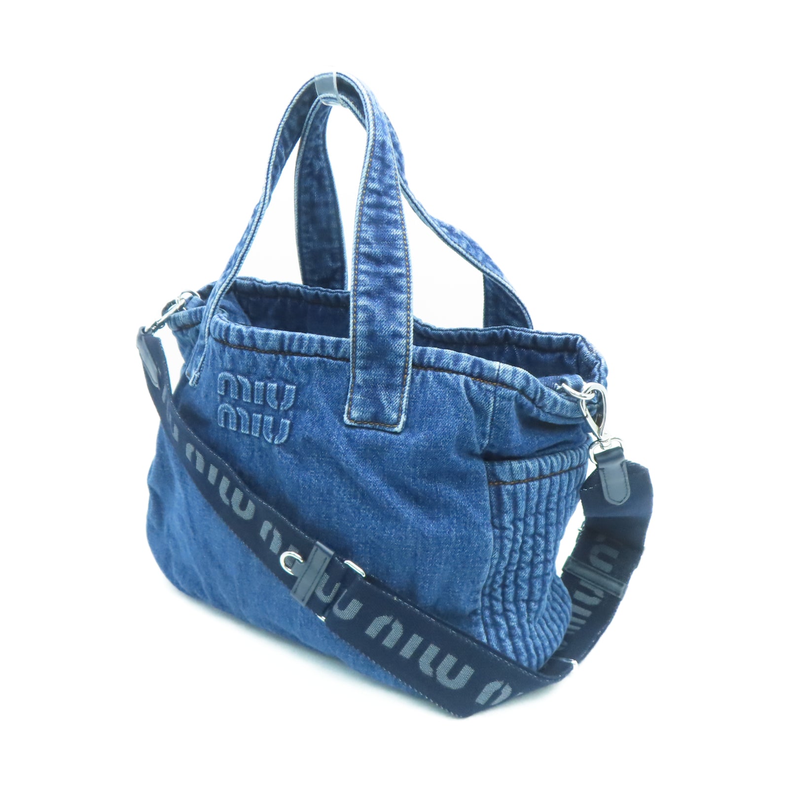 Miu Miu Canvas 2 Way Shoulder Silver Buckle Handle Shoulder Backpack Blue