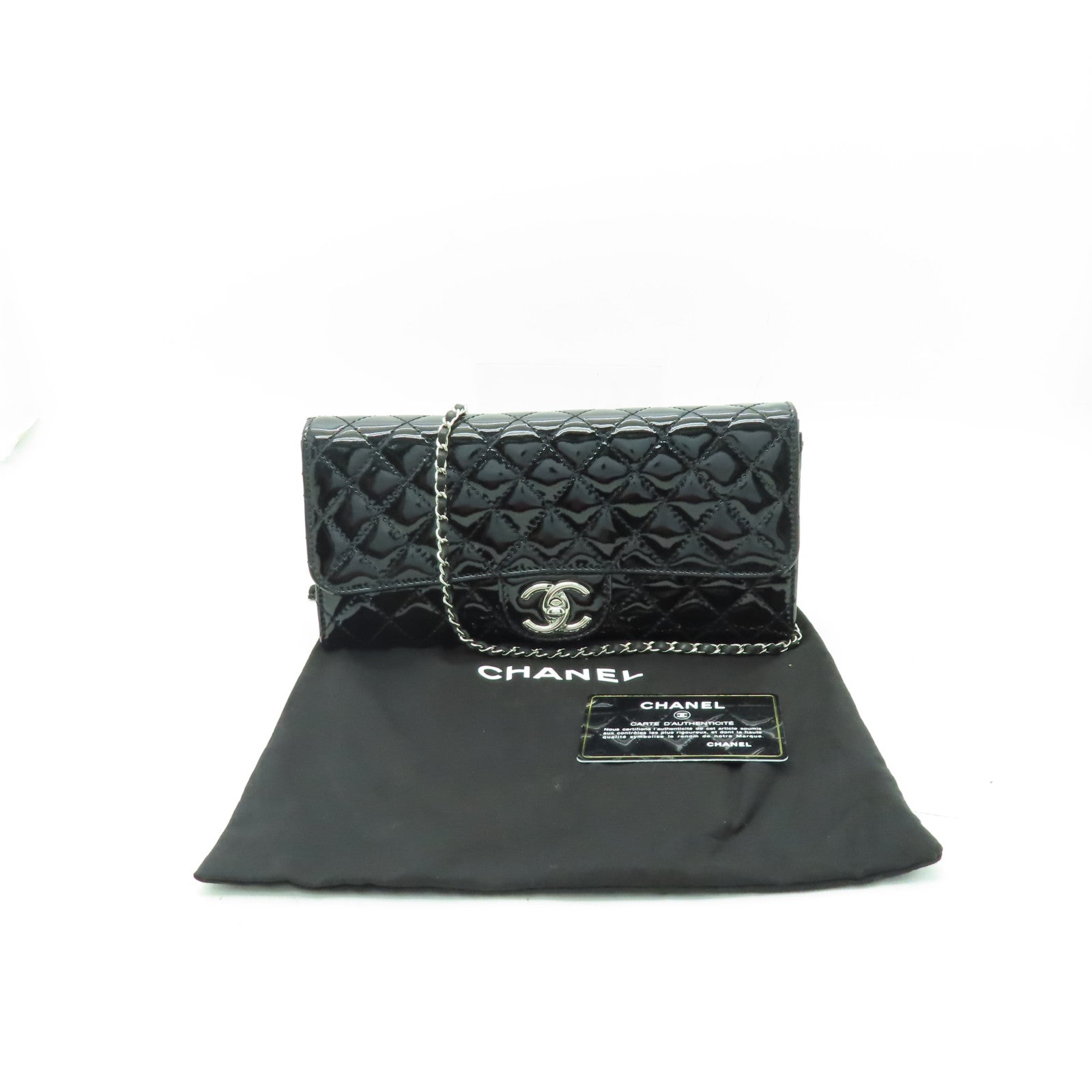 CHANEL 菱格漆皮皮革Chain Shoulder銀扣鏈帶肩背袋黑色