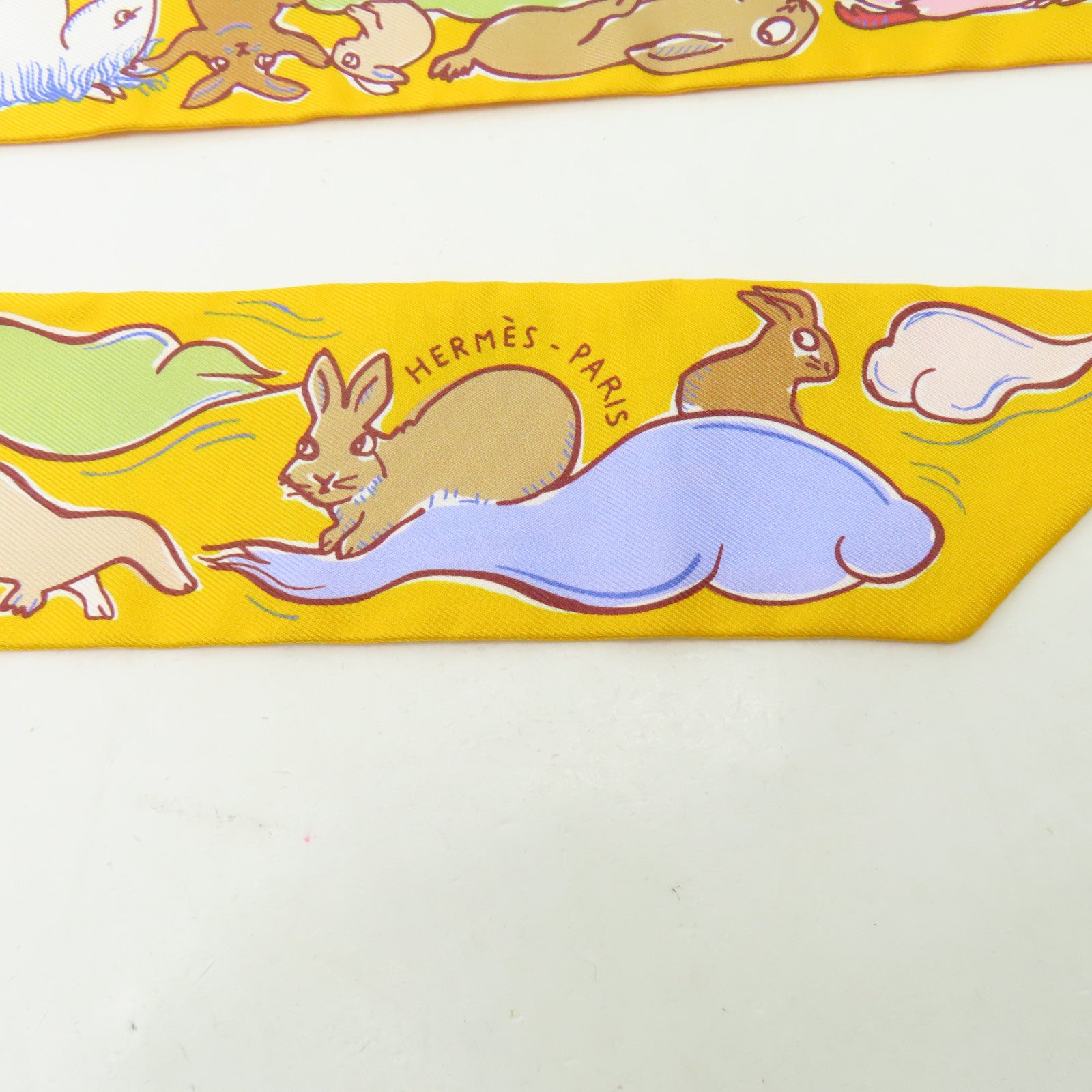 HERMES 絲質Twilly絲巾黃色/白色