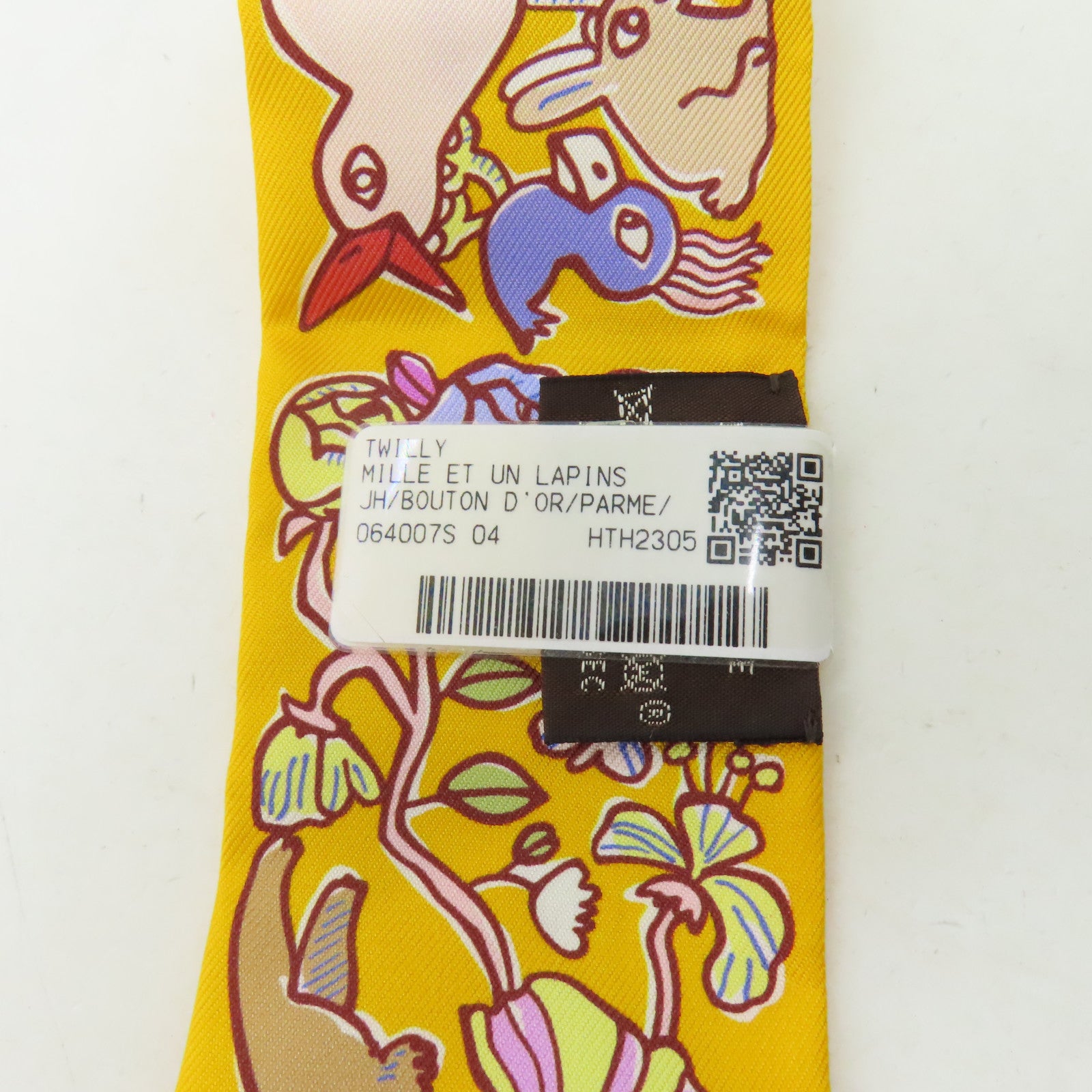HERMES 絲質Twilly絲巾黃色/白色