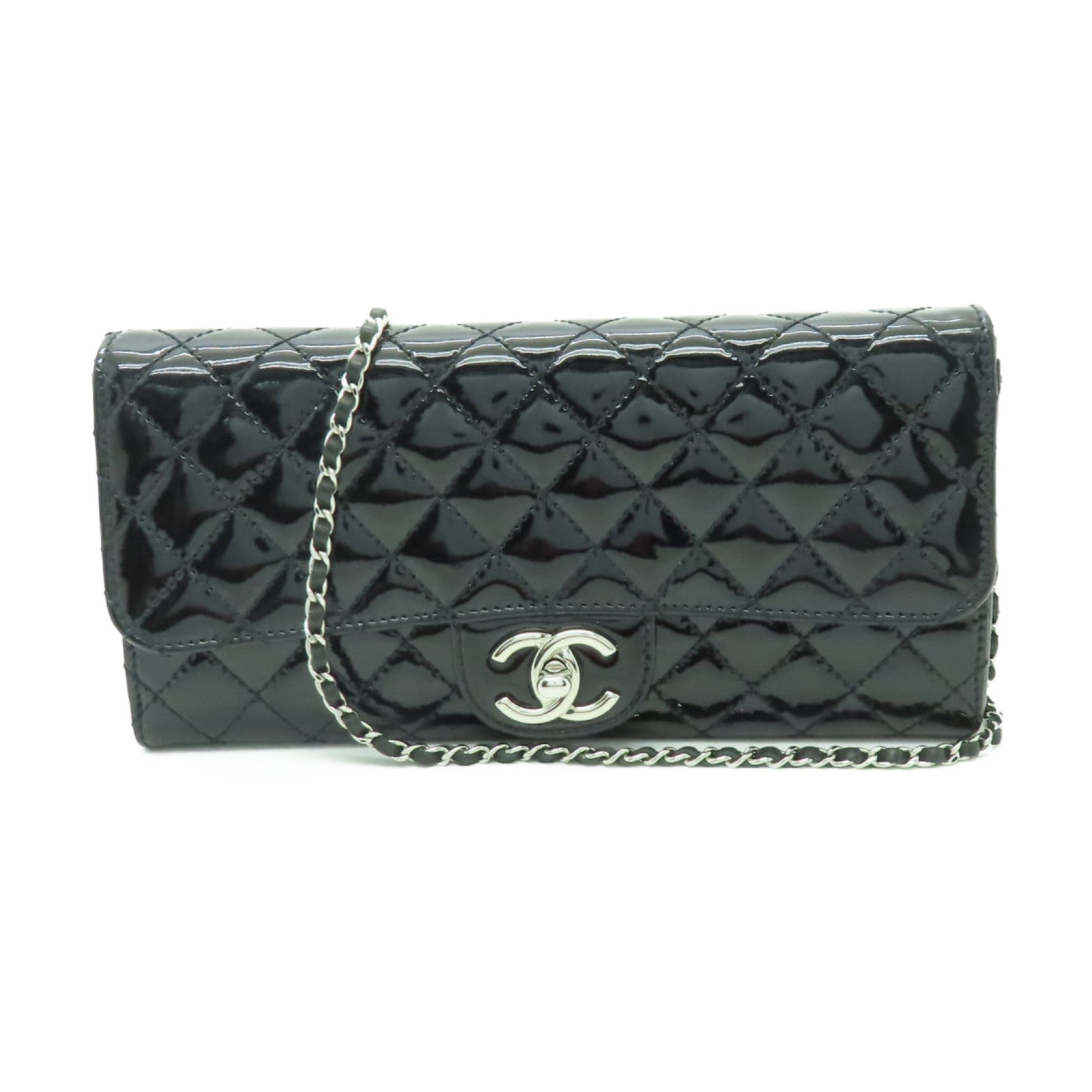 CHANEL 菱格漆皮皮革Chain Shoulder銀扣鏈帶肩背袋黑色