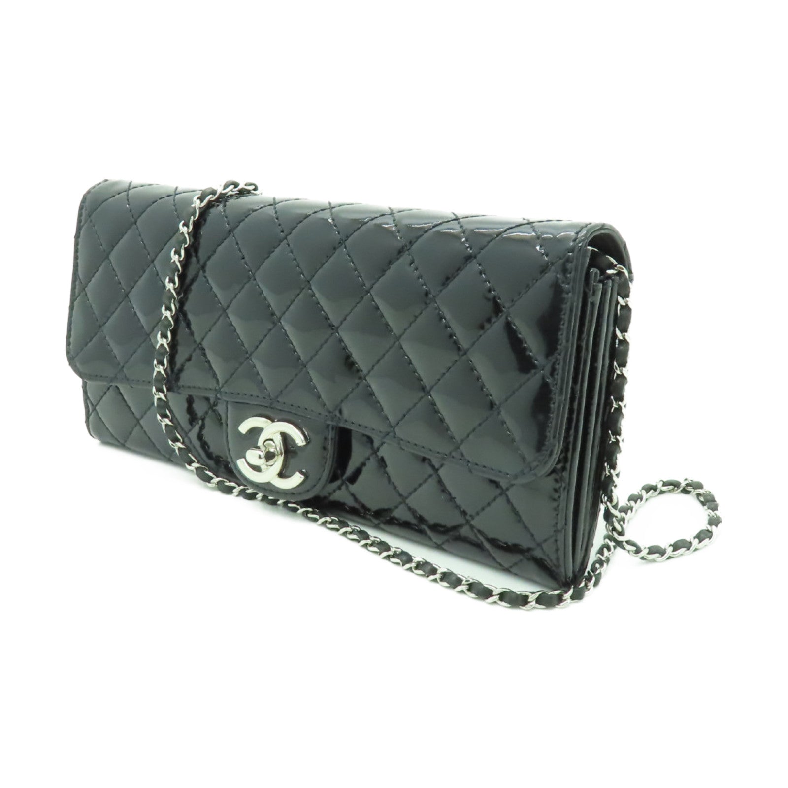 CHANEL 菱格漆皮皮革Chain Shoulder銀扣鏈帶肩背袋黑色