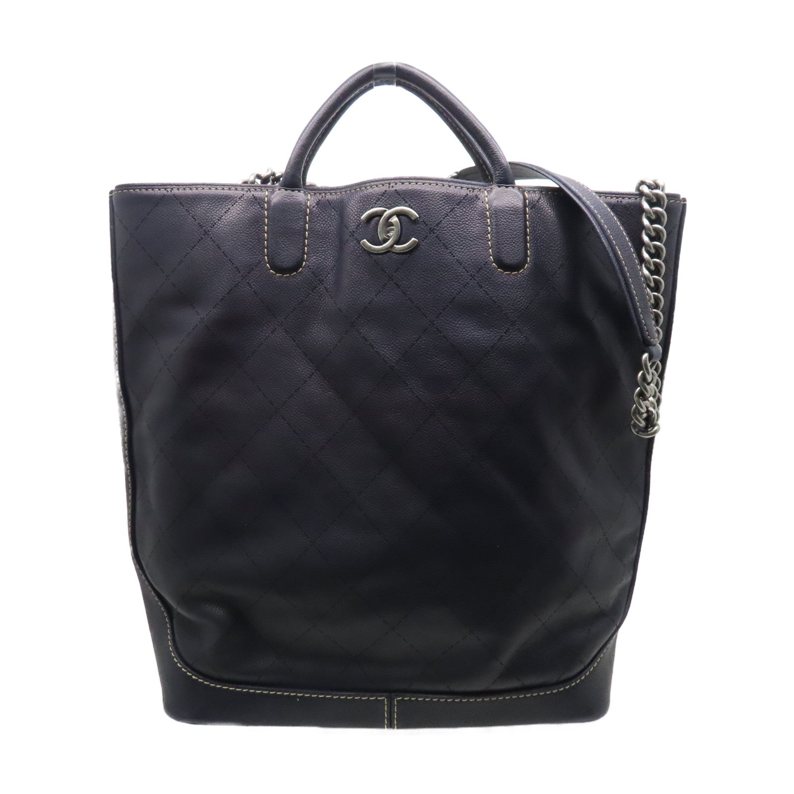 CHANEL Caviar leather Totebag silver buckle handle bag dark blue