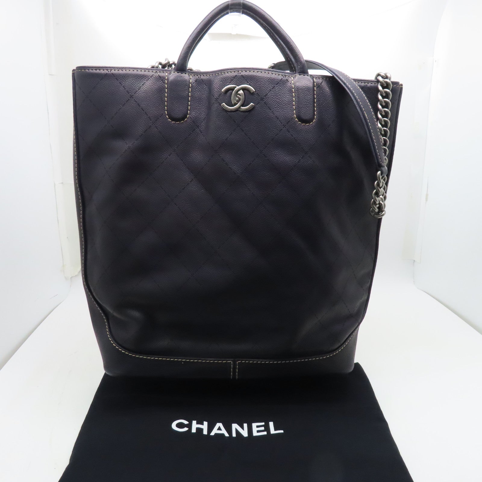 CHANEL Caviar leather Totebag silver buckle handle bag dark blue