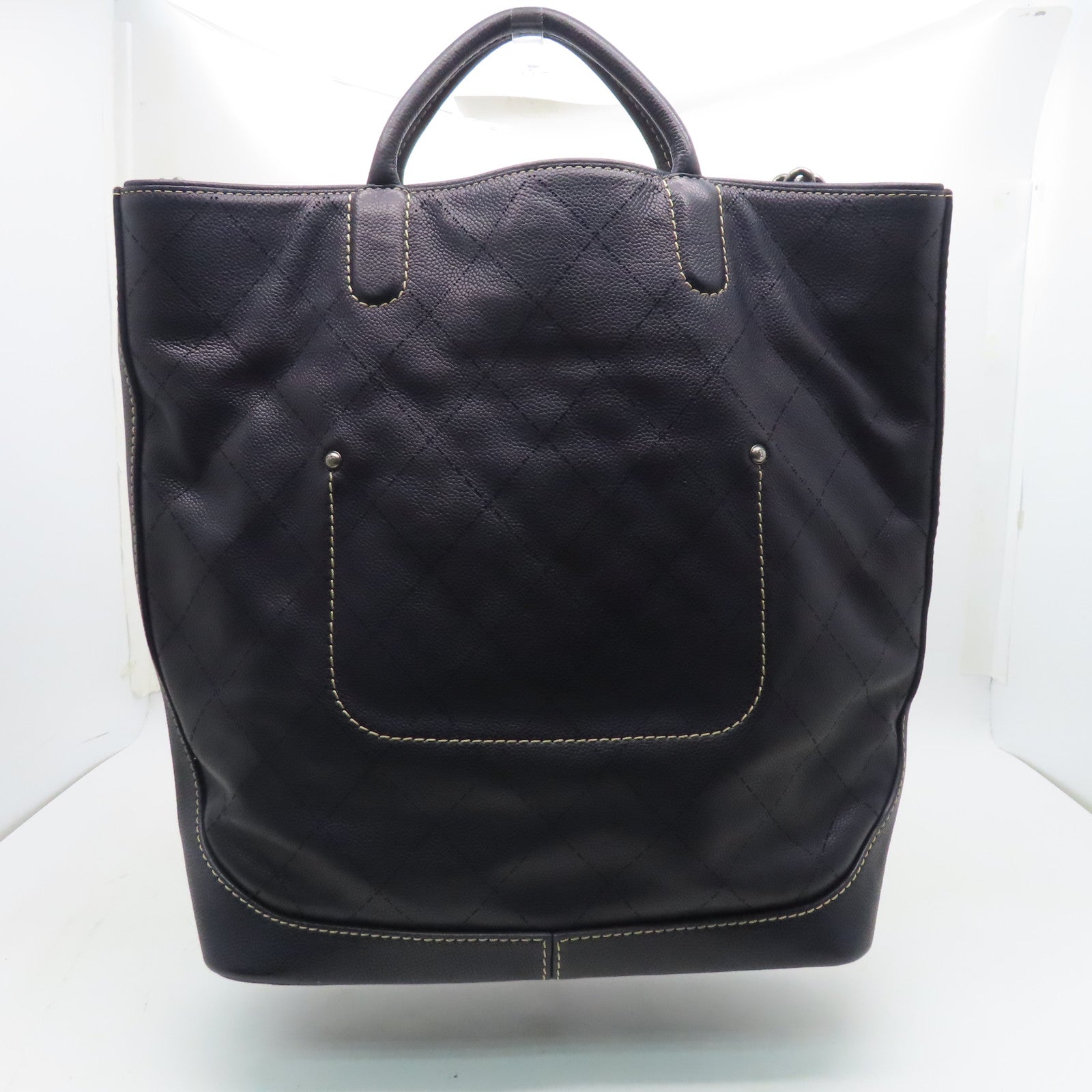 CHANEL Caviar leather Totebag silver buckle handle bag dark blue