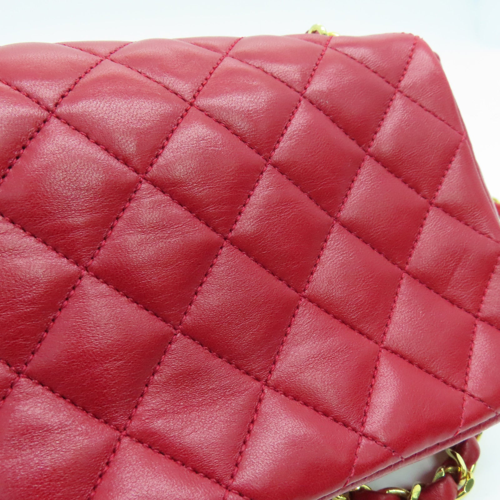 CHANEL 菱格羊皮皮革Chain Shoulder金扣鏈帶肩背袋紅色