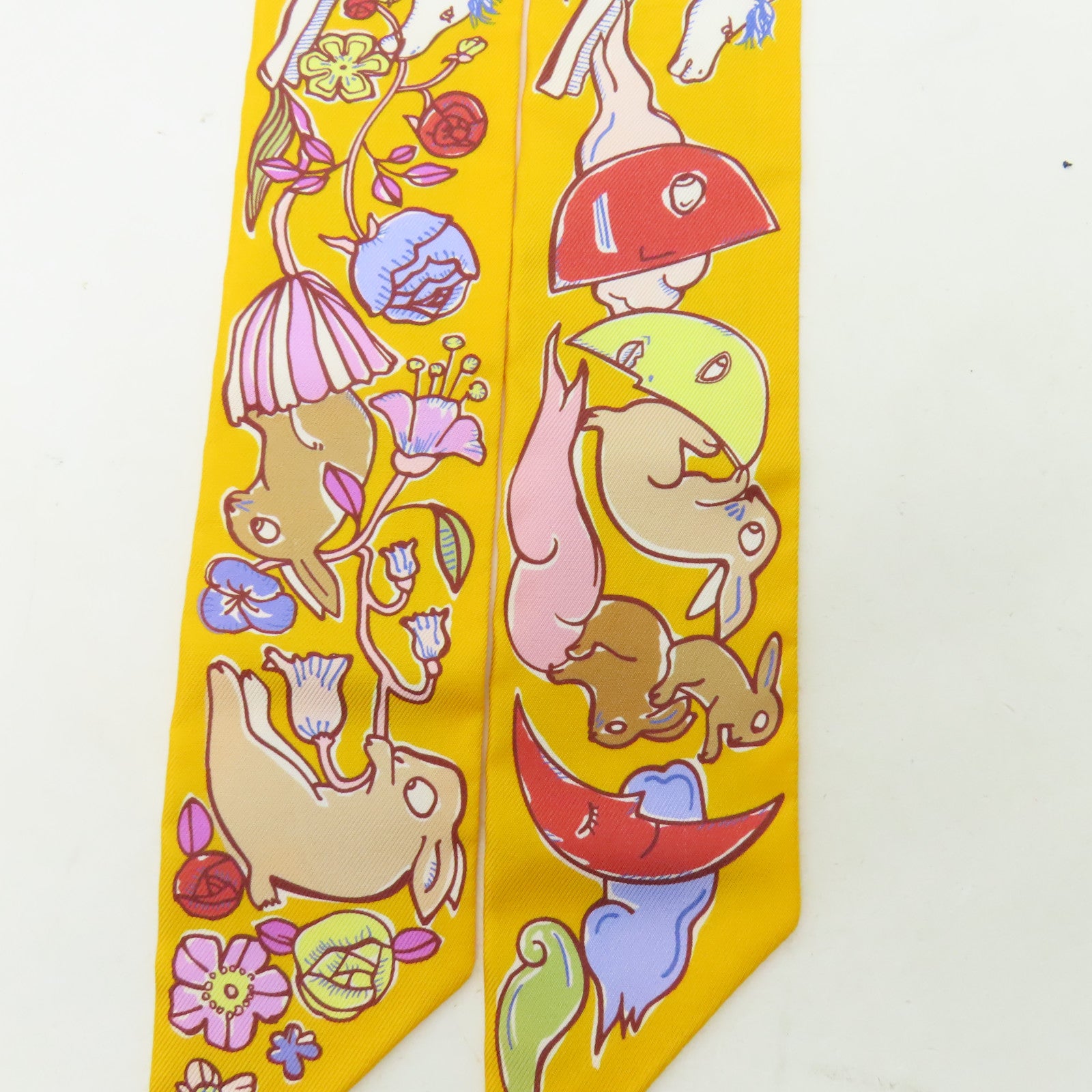 HERMES 絲質Twilly絲巾黃色/白色