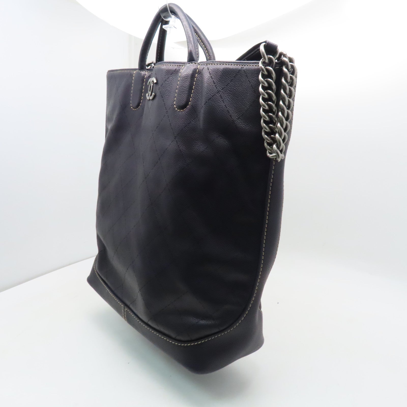 CHANEL Caviar leather Totebag silver buckle handle bag dark blue