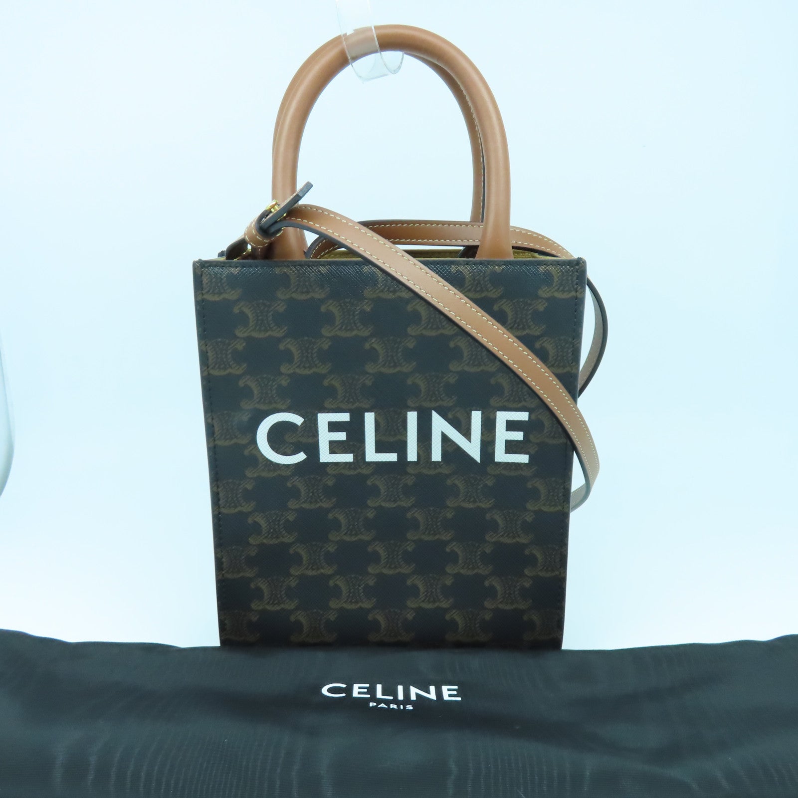 CELINE 塗層帆布Mini Triomphe Cabas金扣手挽肩背兩用袋啡色/黑色