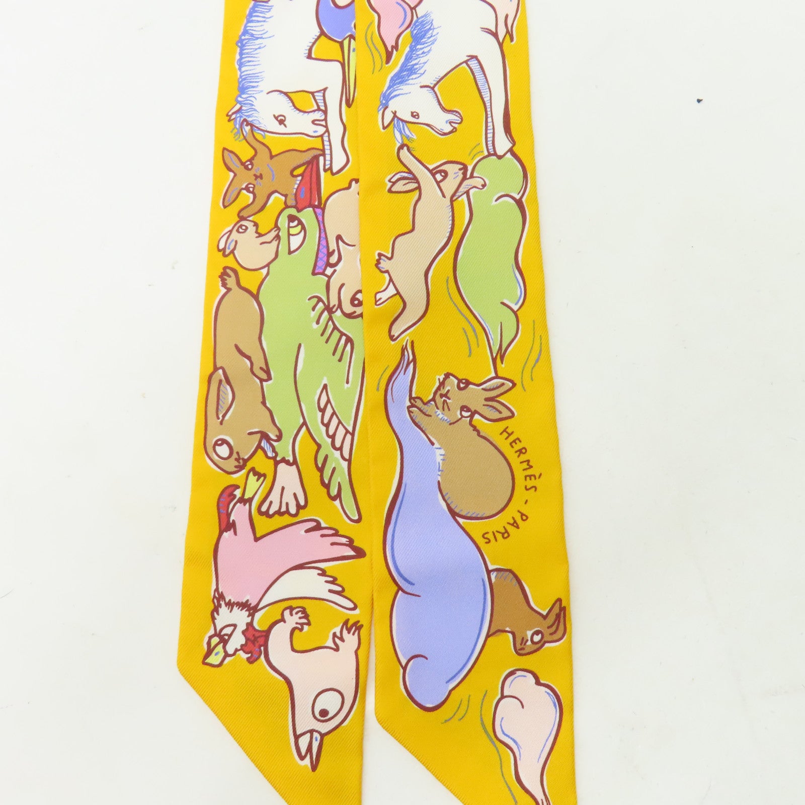 HERMES 絲質Twilly絲巾黃色/白色