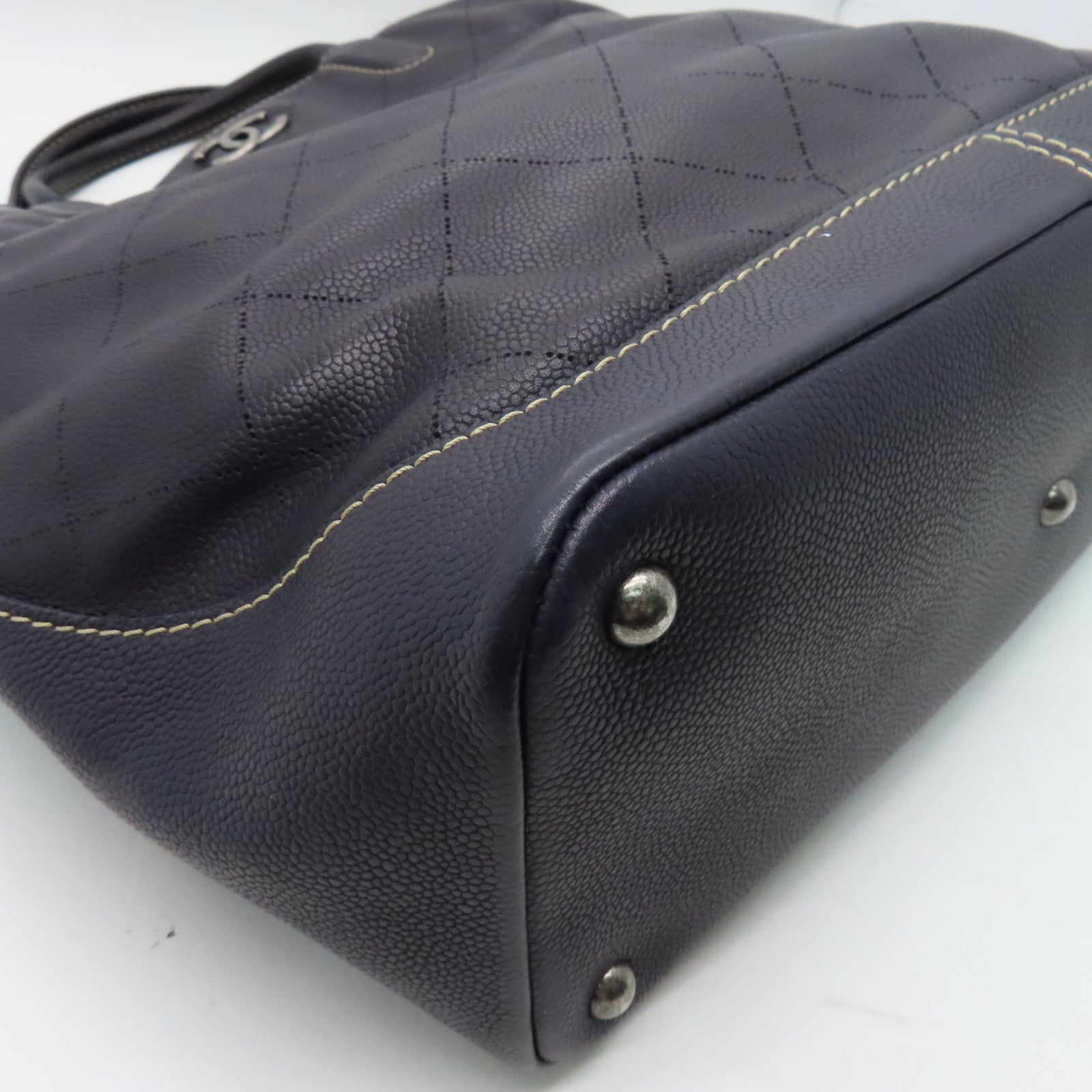 CHANEL Caviar leather Totebag silver buckle handle bag dark blue