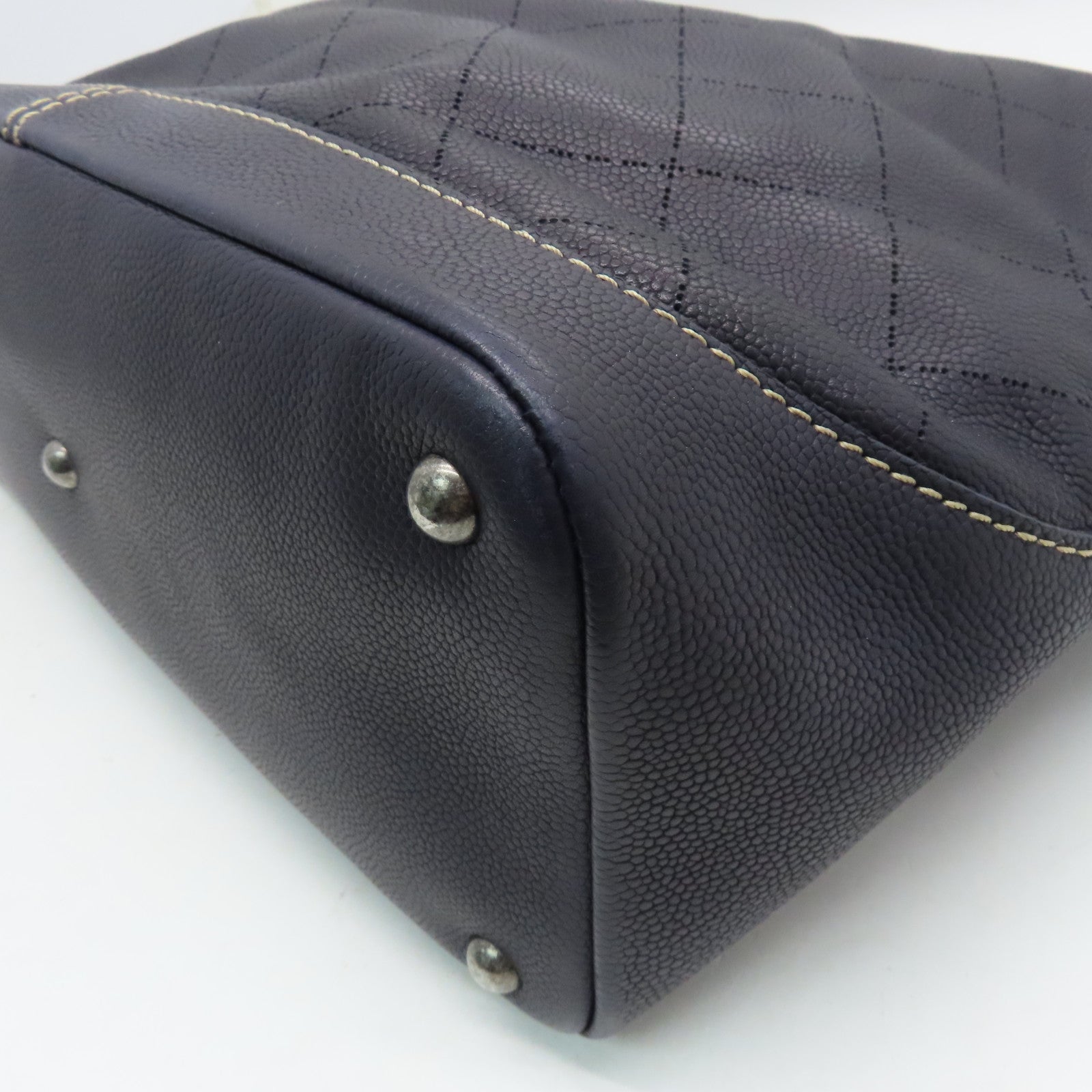 CHANEL Caviar leather Totebag silver buckle handle bag dark blue
