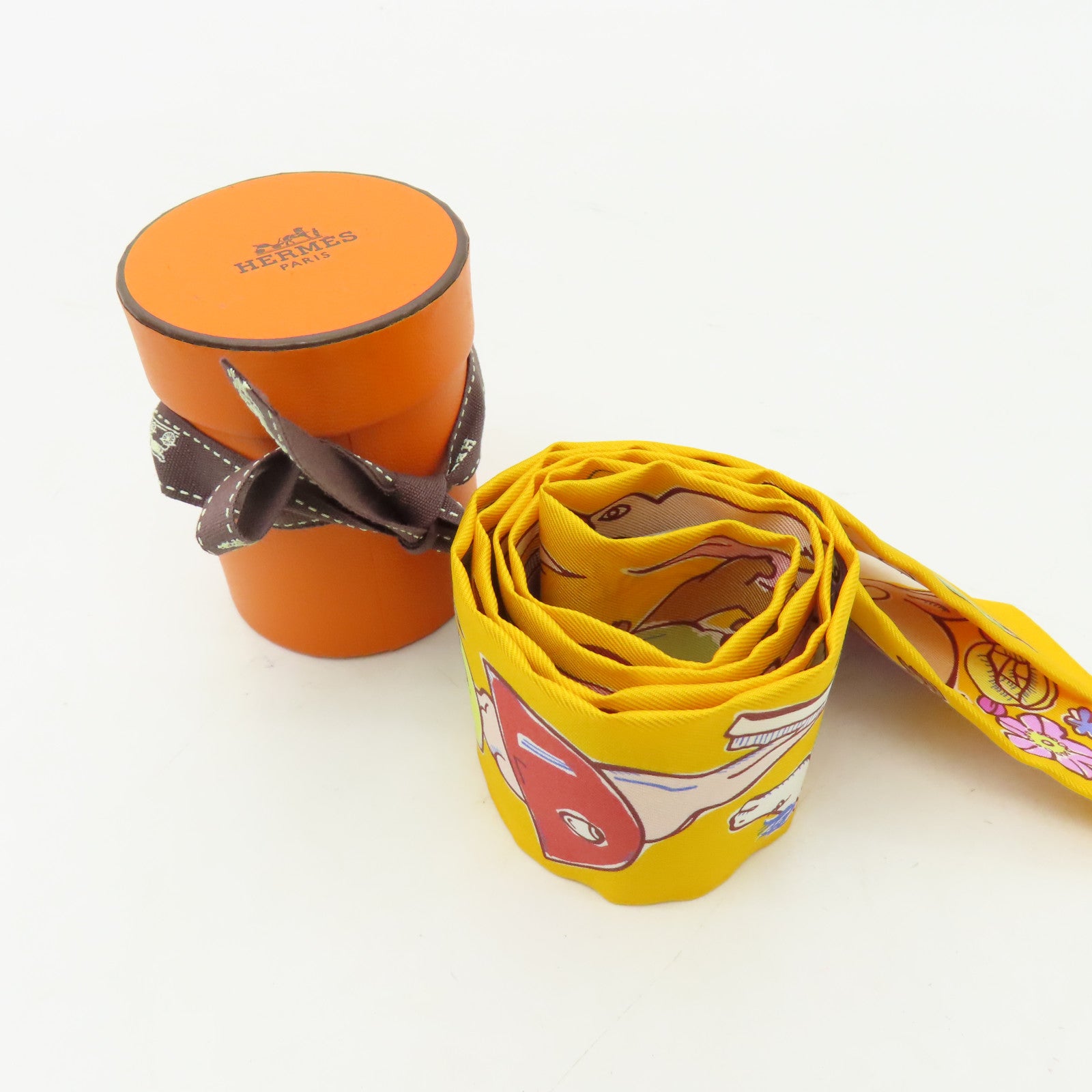 HERMES 絲質Twilly絲巾黃色/白色