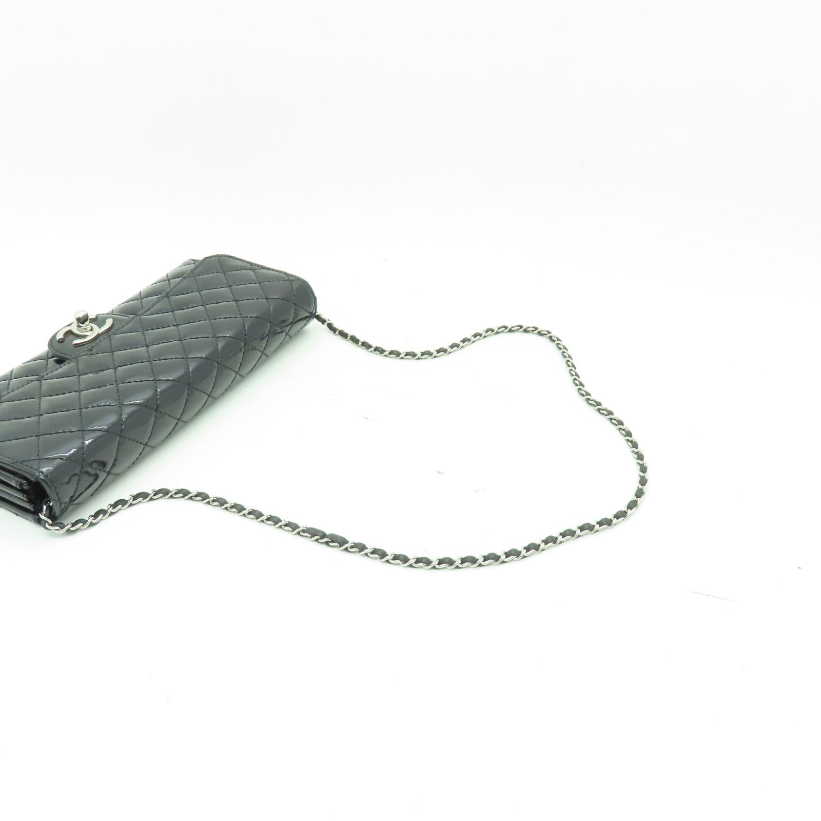 CHANEL 菱格漆皮皮革Chain Shoulder銀扣鏈帶肩背袋黑色