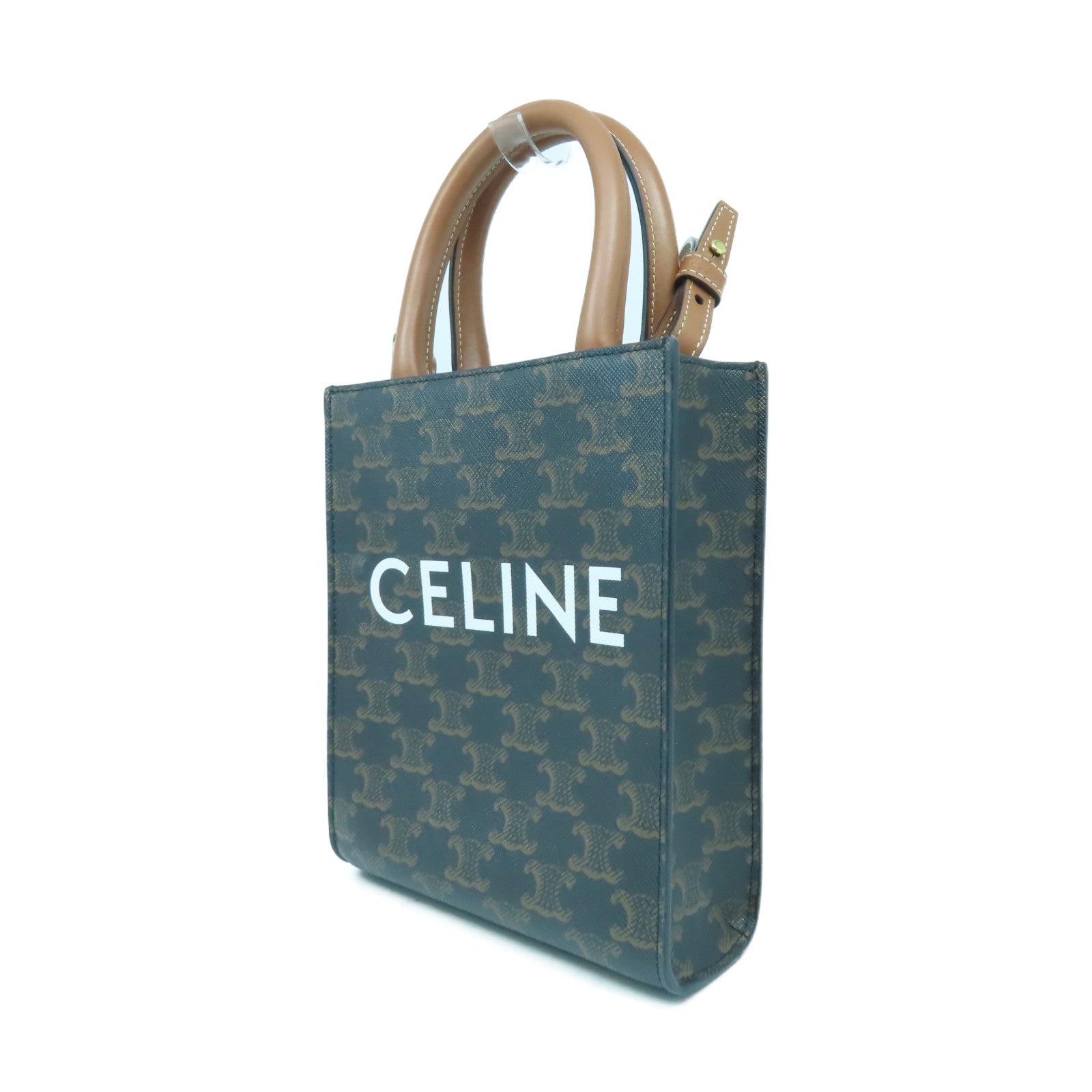 CELINE 塗層帆布Mini Triomphe Cabas金扣手挽肩背兩用袋啡色/黑色