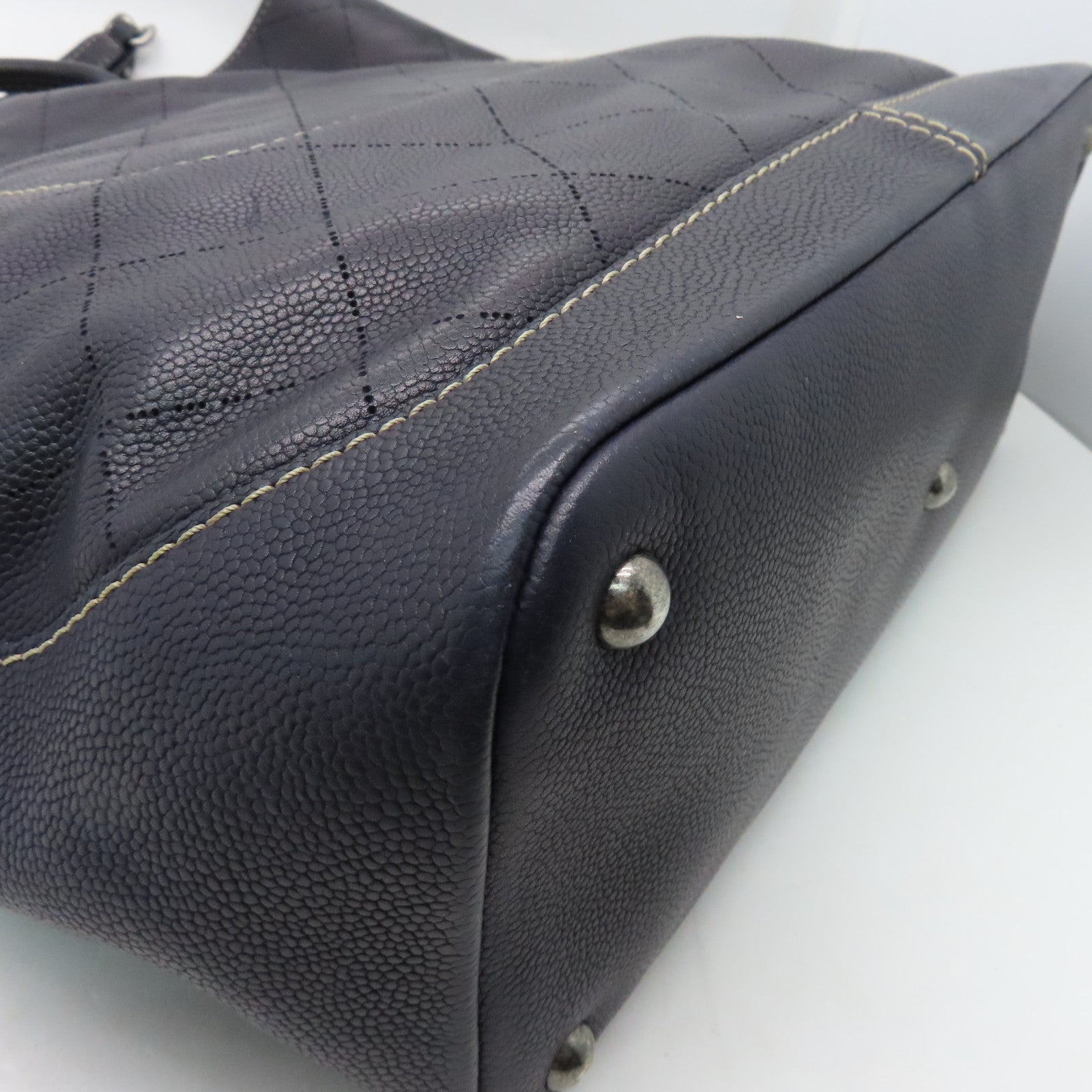 CHANEL Caviar leather Totebag silver buckle handle bag dark blue