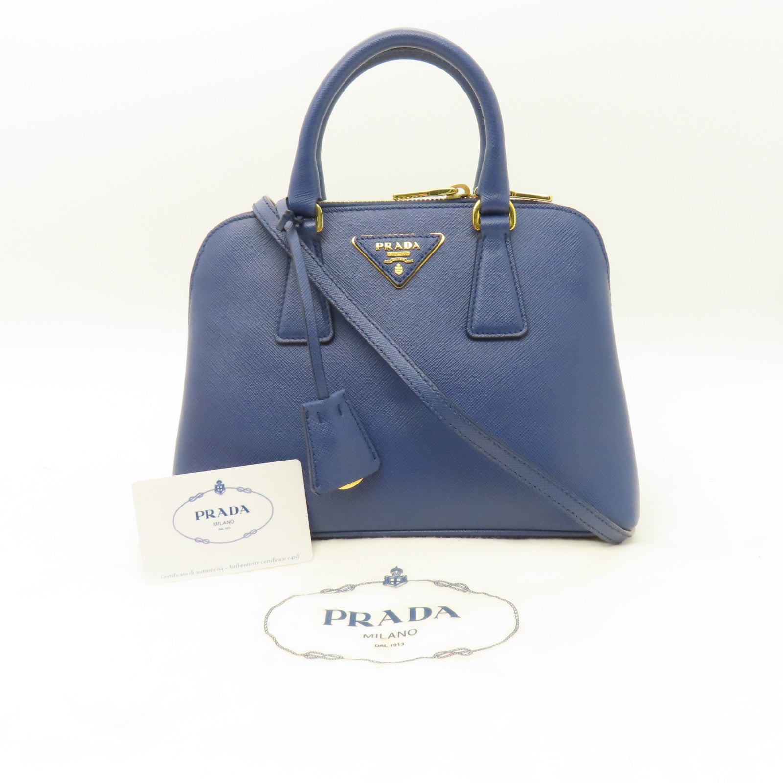 PRADA 牛皮皮革2 Way Shoulder Bag金扣手挽肩背兩用袋藍色